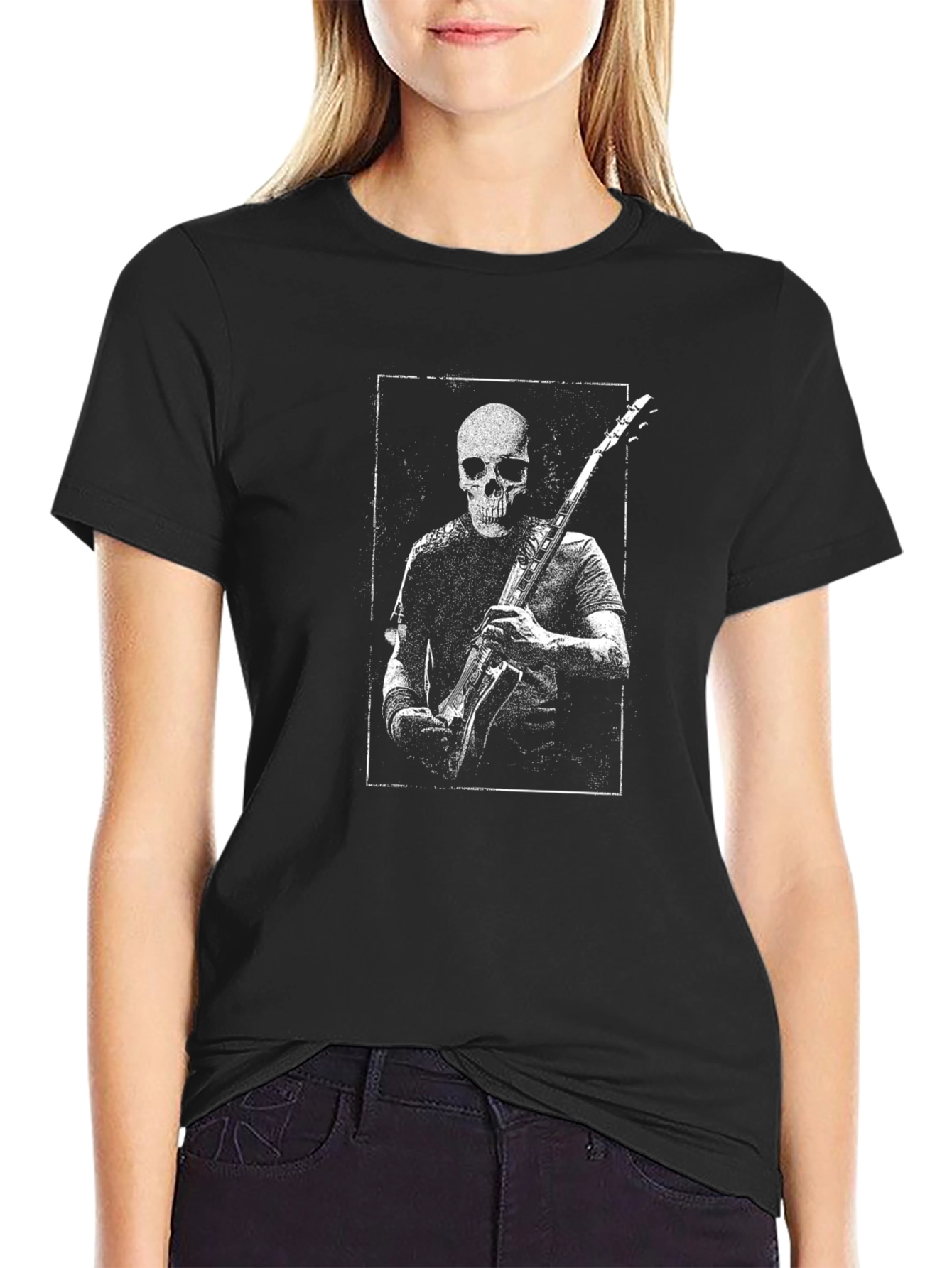 Black Skull Guitarist Graphic Tee - Black Cotton T-Shirt view 2