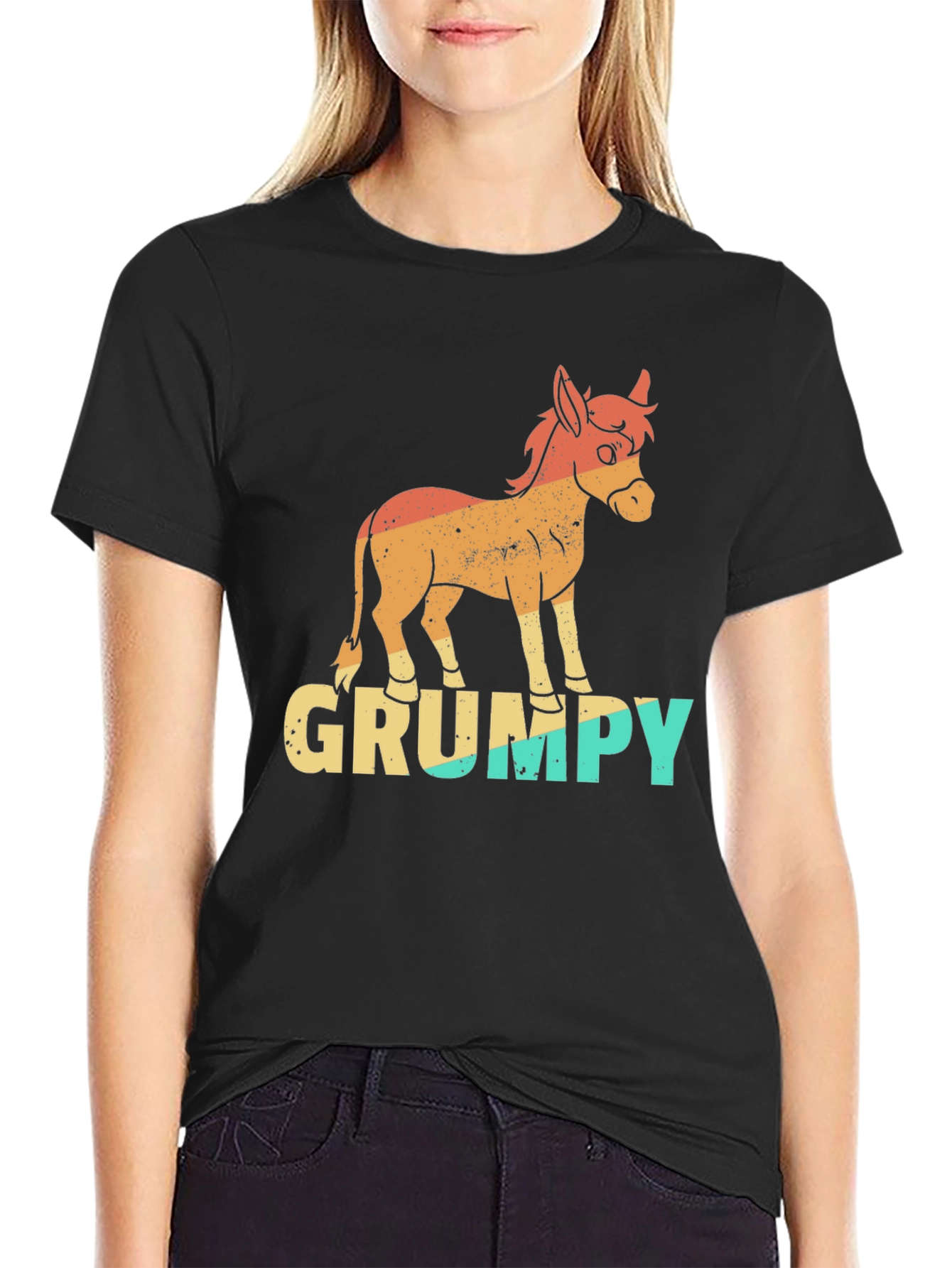Black Grumpy Donkey T-Shirt - Funny Retro Graphic Tee view 2