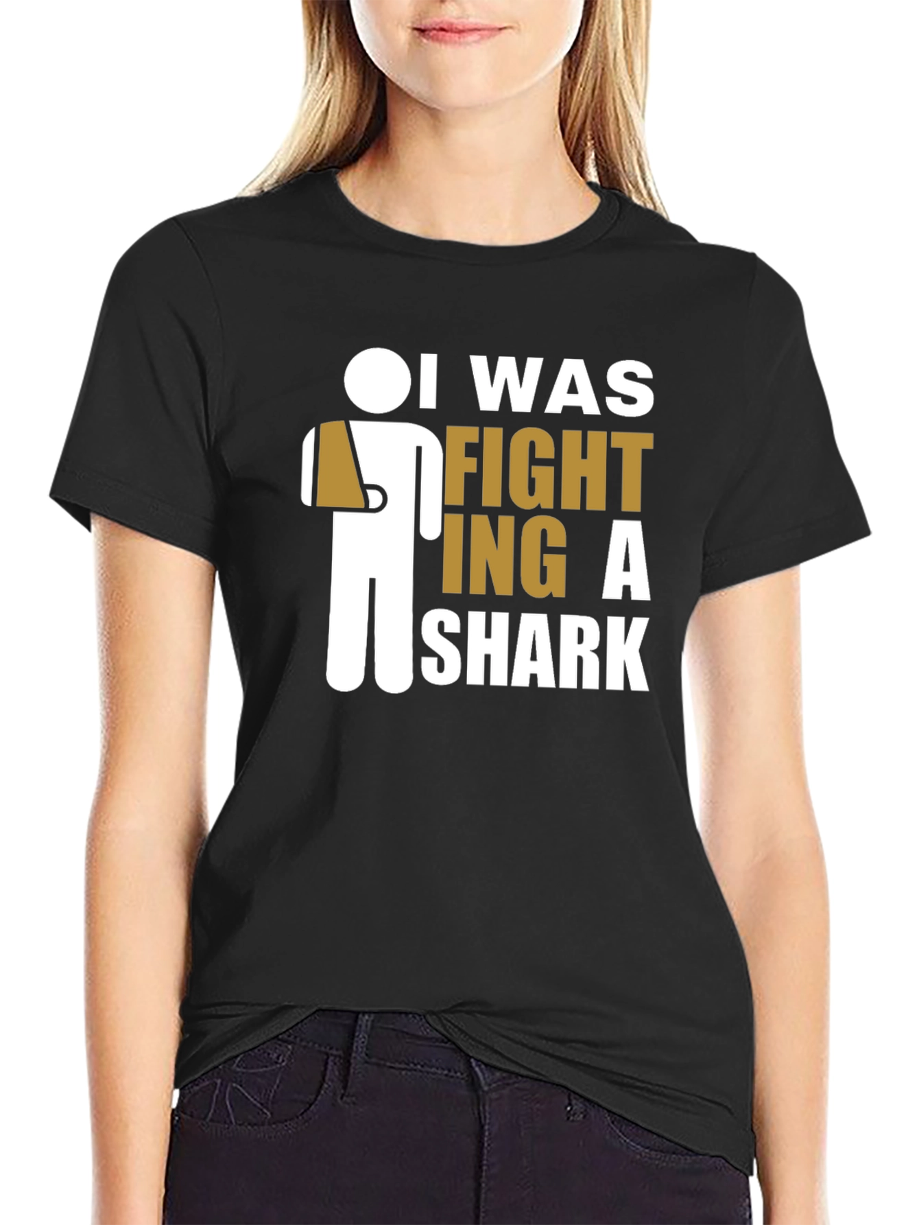 Black I Was Fighting A Shark T-Shirt - Funny Humor Tee view 2