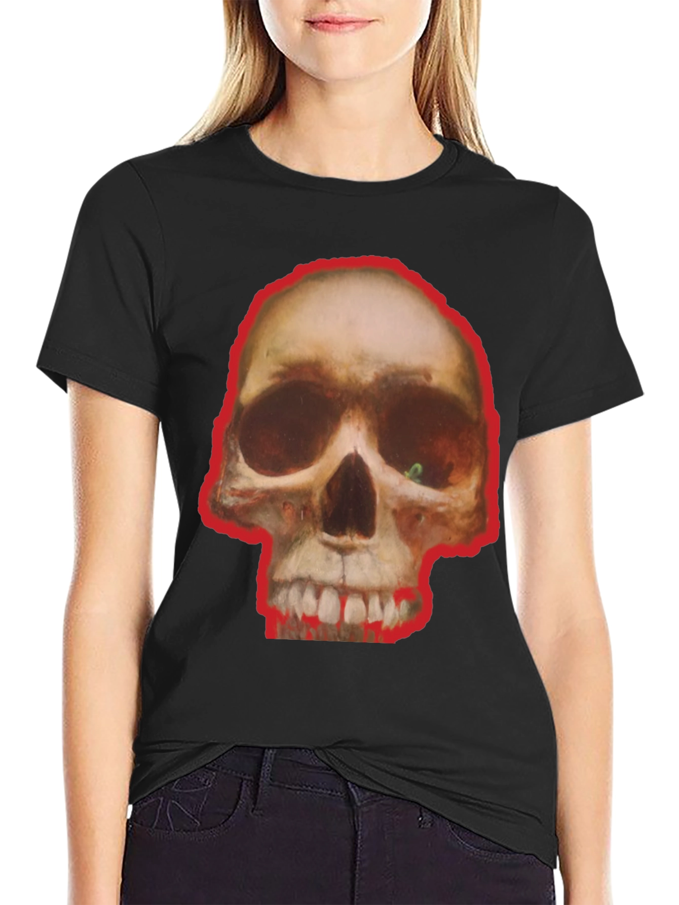 Black Skull Graphic Tee - Edgy Black Cotton T-Shirt view 2