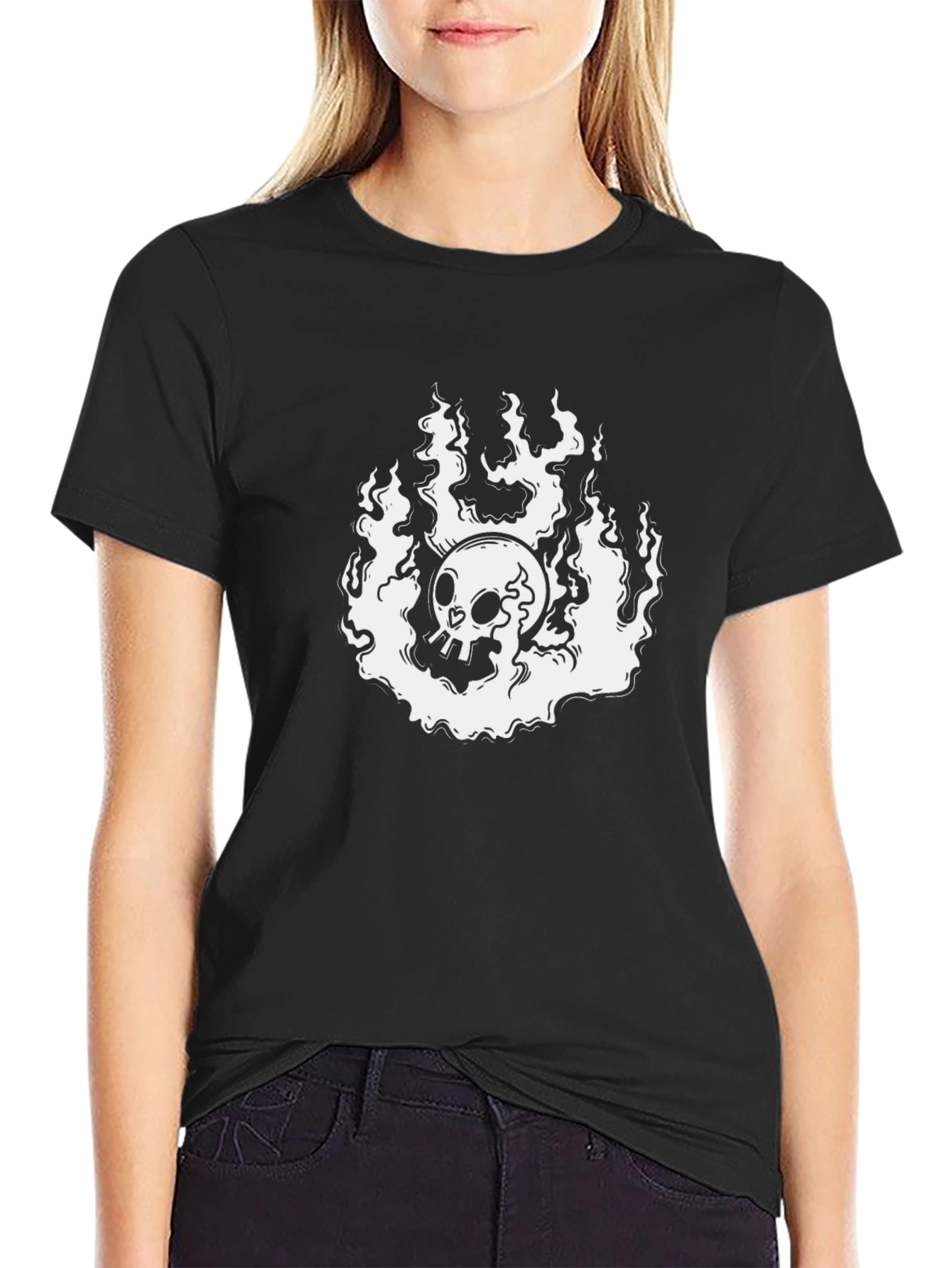 Black Skull in Flames Graphic Tee - Cool Black T-Shirt view 2