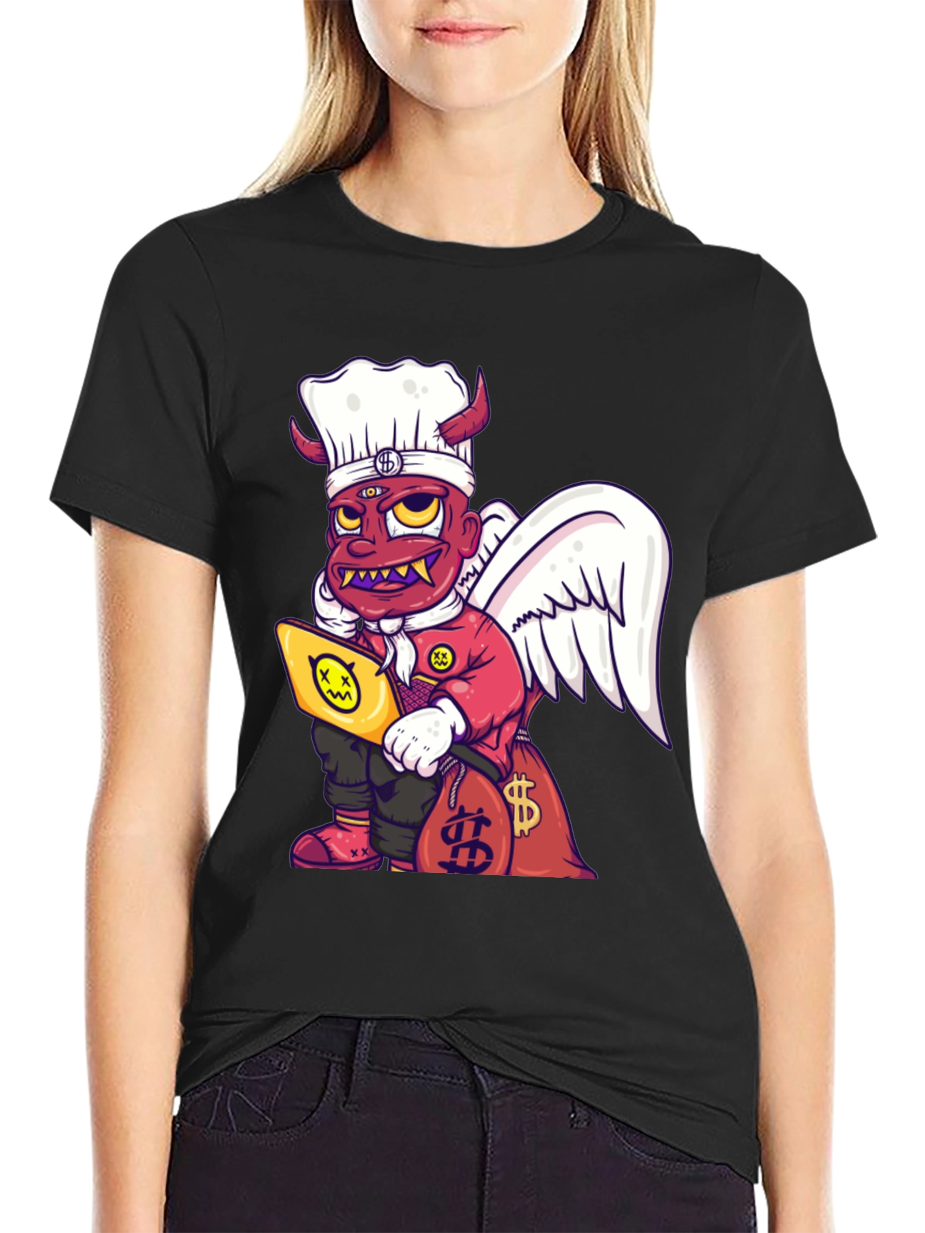 Cartoon Angel & Devil Chef Graphic T-Shirt - 2
