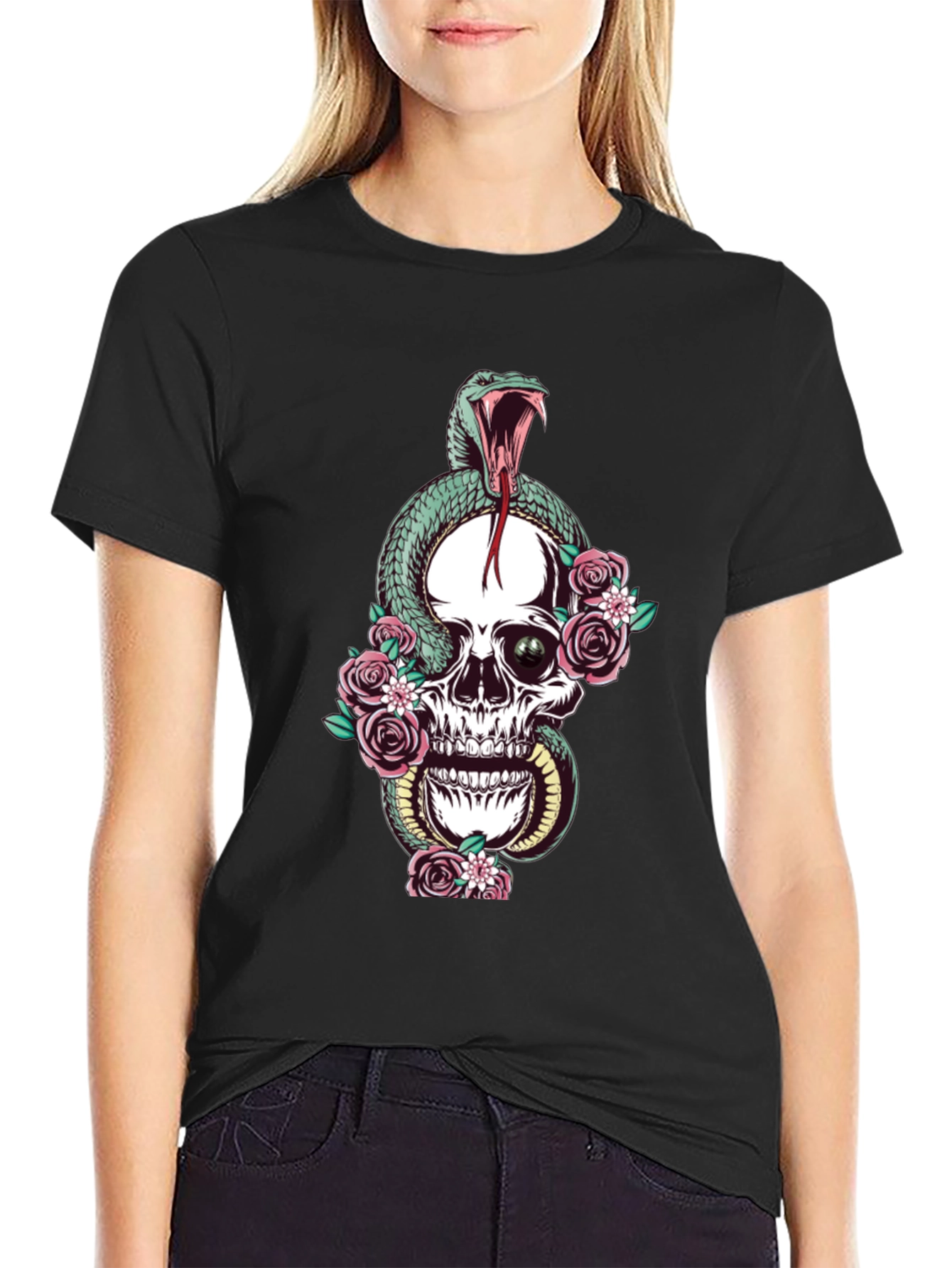 Black Skull & Snake Graphic Tee - Unisex Black T-Shirt view 2