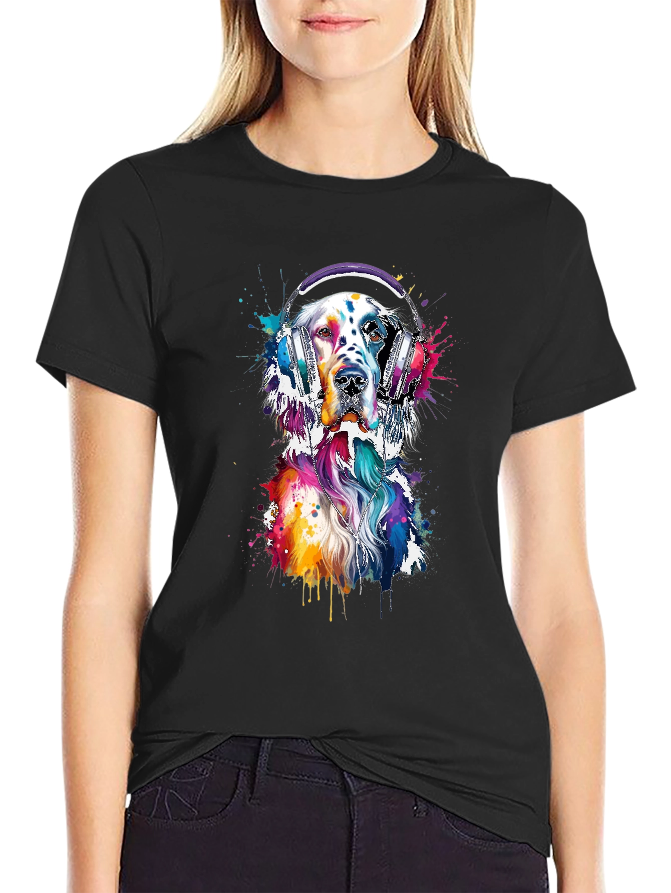 Black Dog with Headphones Graphic Tee - Trendy Design view 2