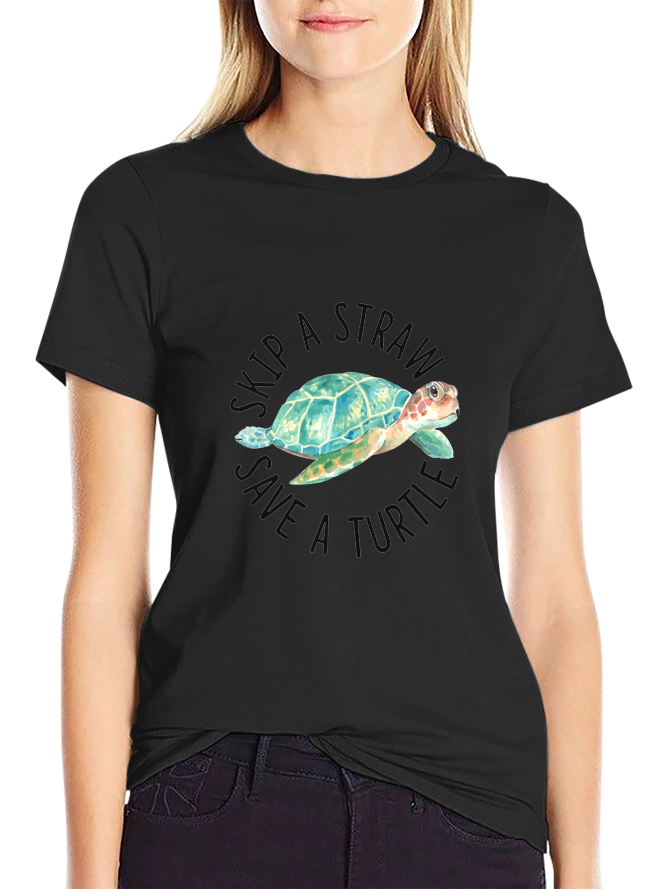 Black Skip a Straw Save a Turtle T-Shirt view 2