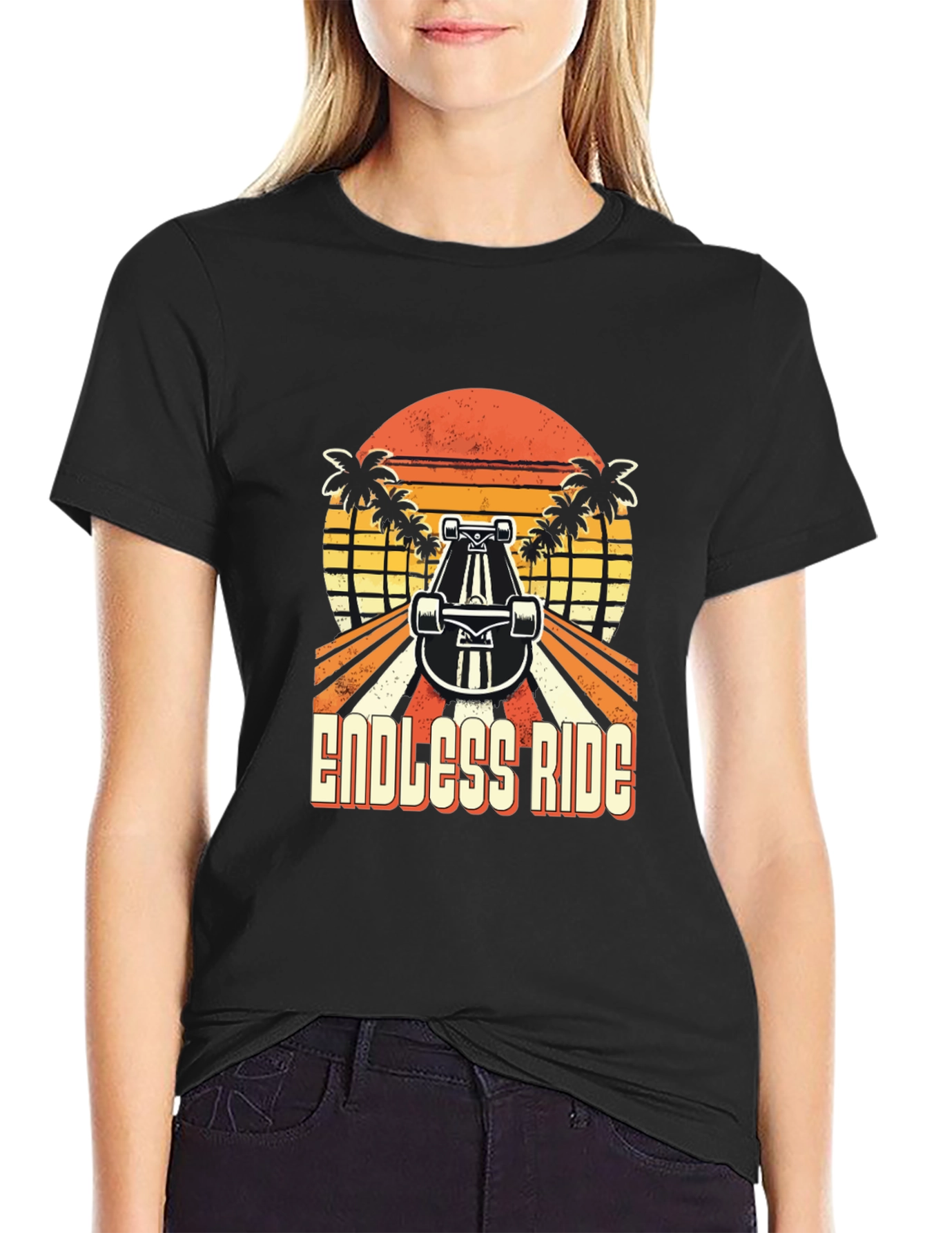 Black Endless Ride Skateboard T-Shirt Retro Sunset Palm Tree view 2