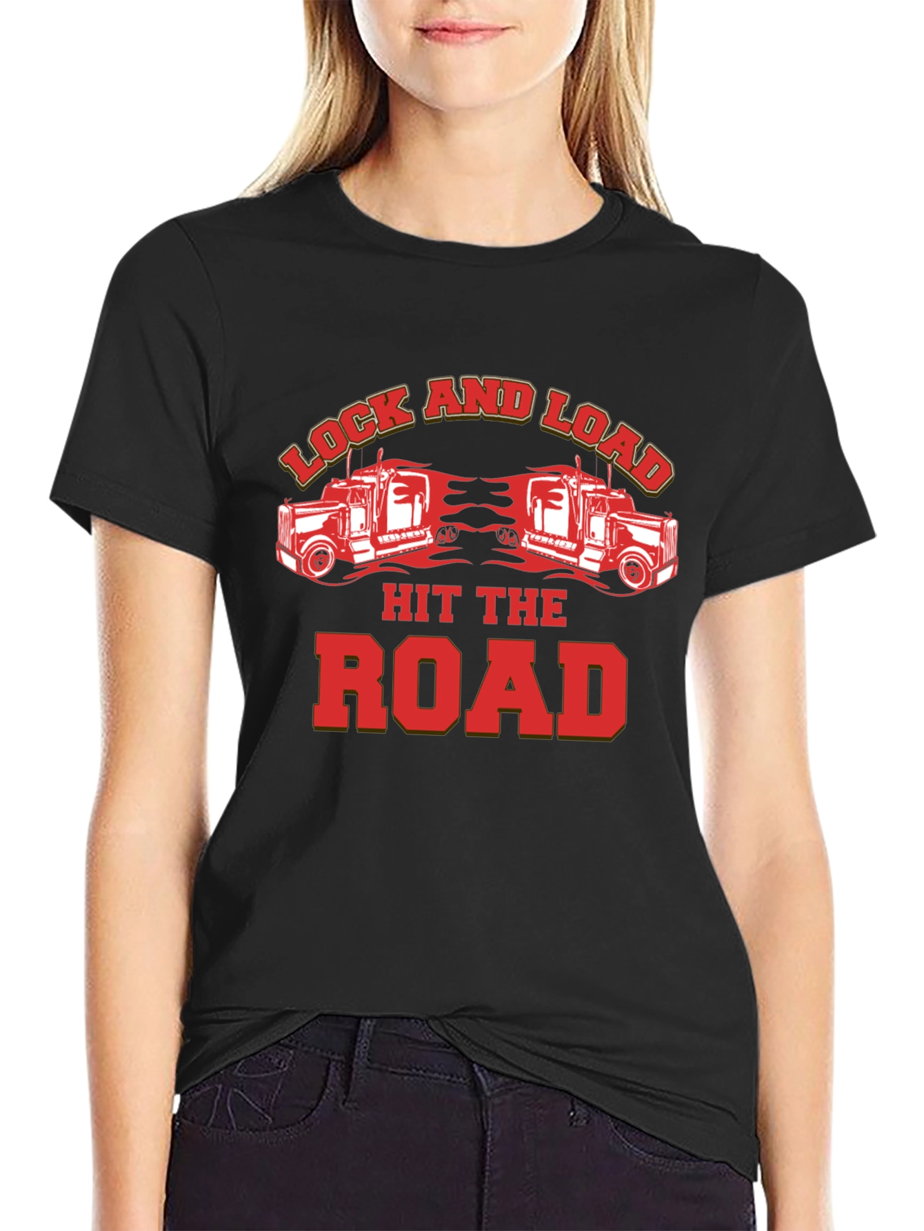 Black Lock and Load Hit The Road Trucker T-Shirt view 2