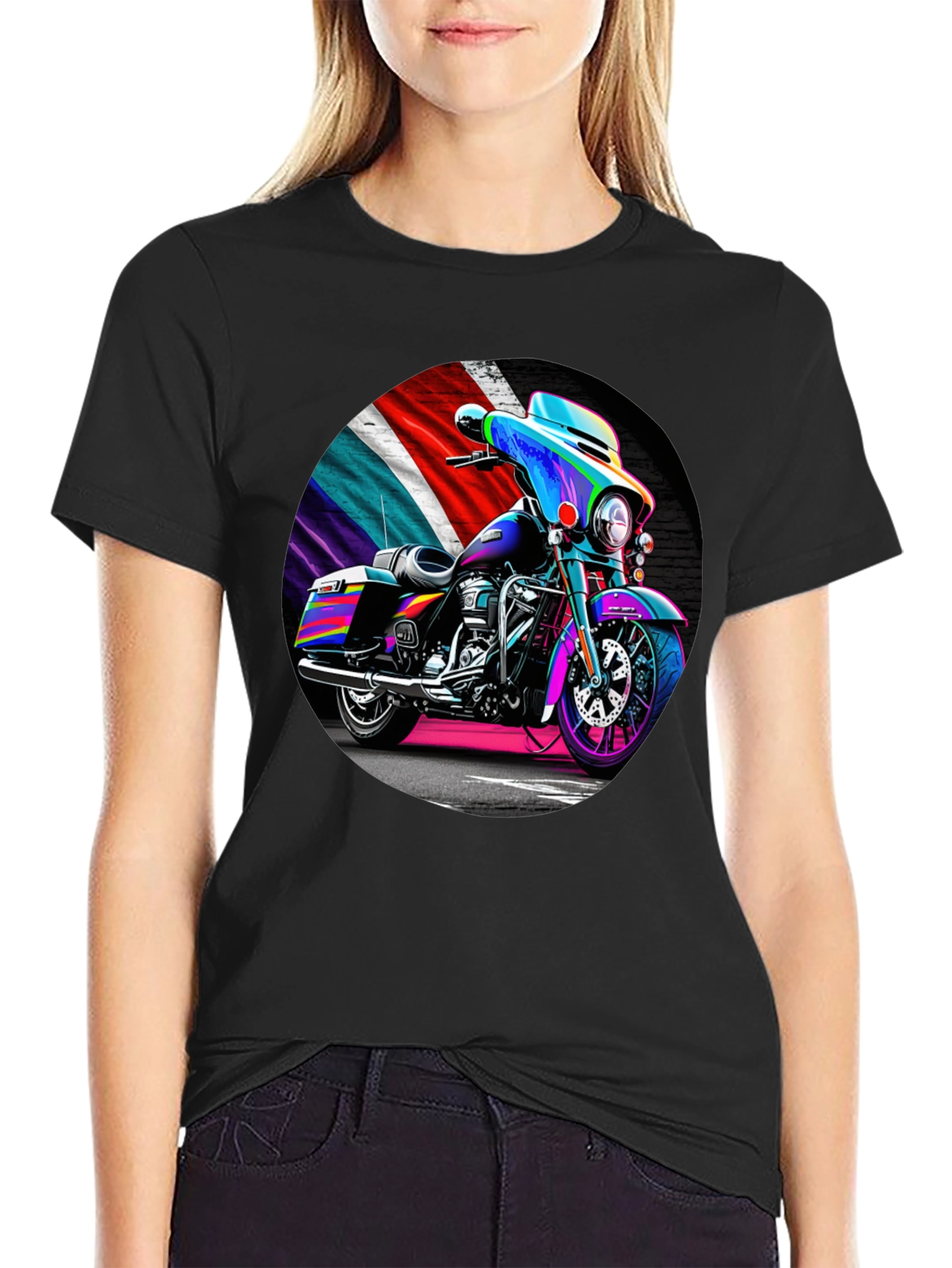 Black Motorcycle T-Shirt - Colorful Bike Design view 2