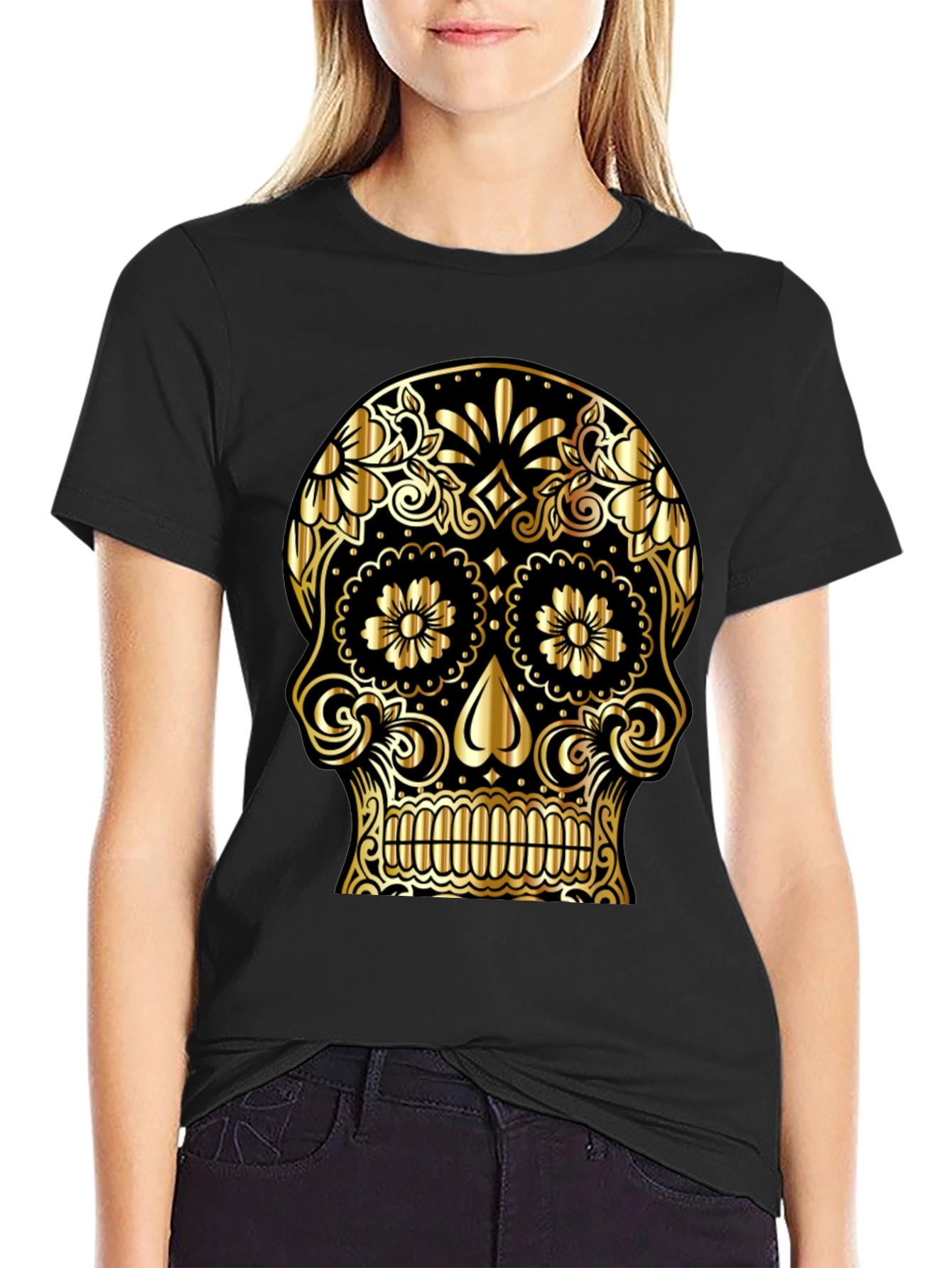 Black Gold Sugar Skull Graphic Black T-Shirt view 2