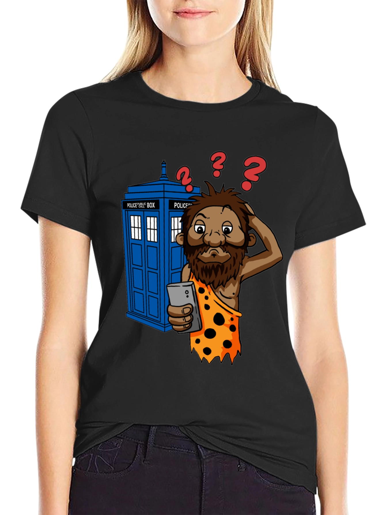 Black Time Traveler T-Shirt - Confused Caveman & Phone view 2