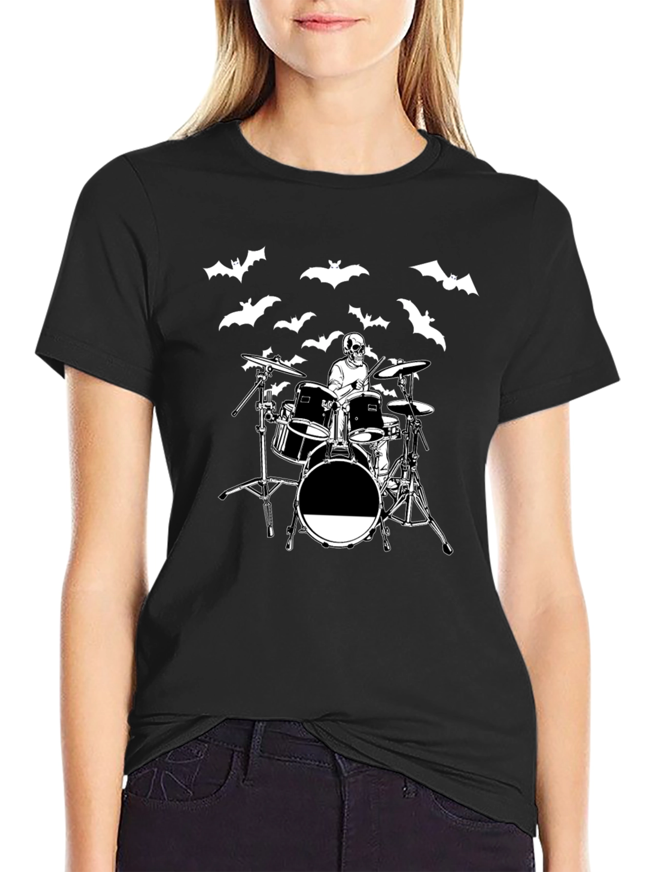 Black Skeleton Drummer Bat T-Shirt view 2