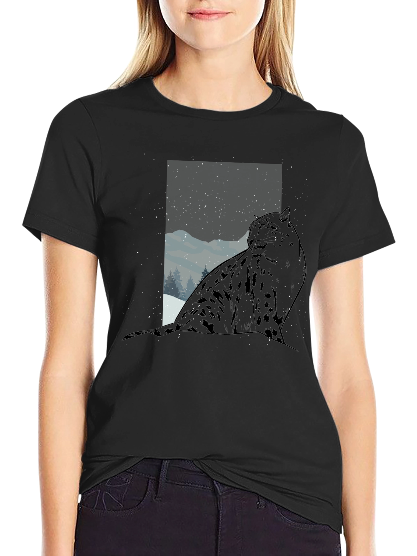 Black Snow Leopard Graphic Tee - Black Cotton Blend view 2