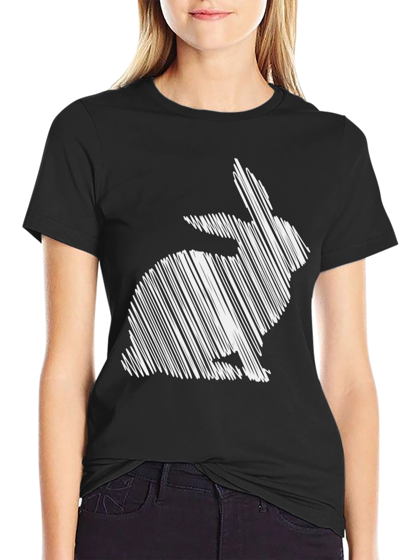Black Rabbit Sketch Graphic Tee - Unisex Black Cotton T-Shirt view 2