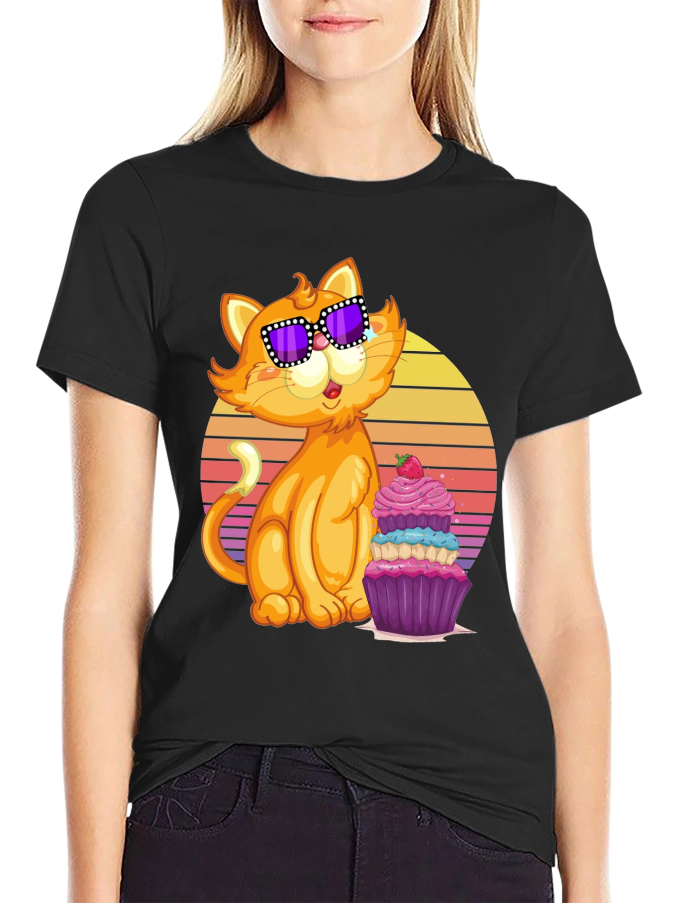 Black Cool Cat with Cupcake T-Shirt view 2