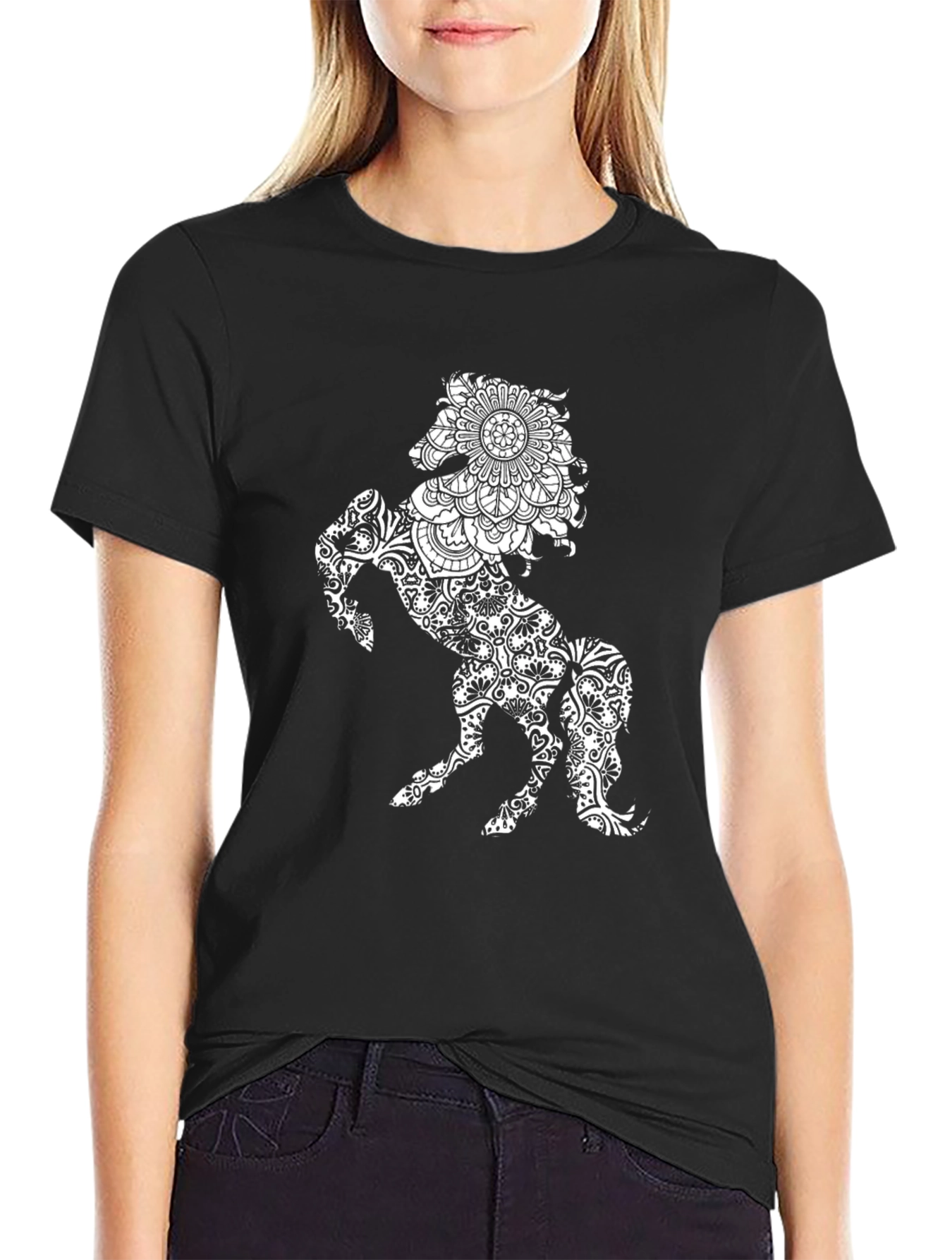 Black Black T-Shirt with Horse Mandala Print view 2