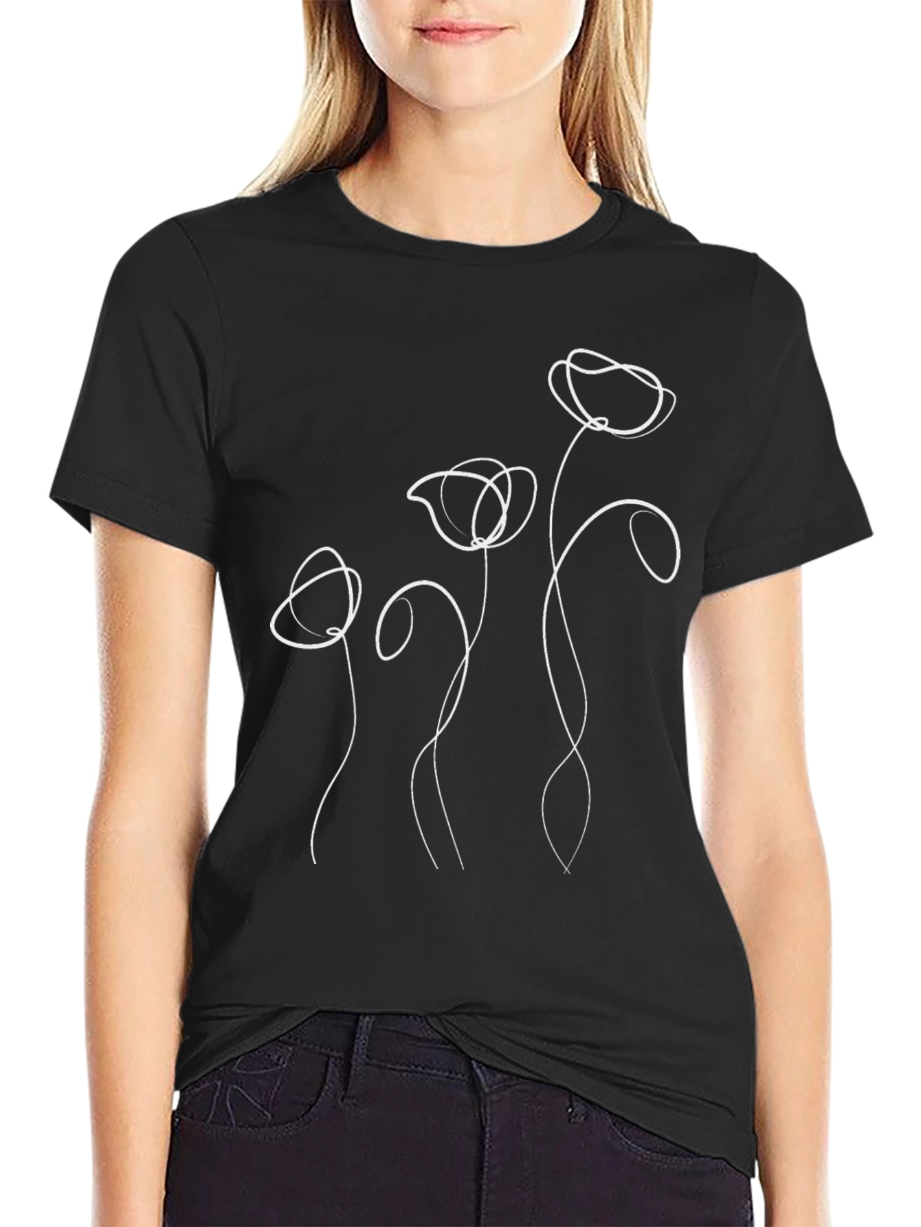 Black Minimalist Floral Line Art Black T-Shirt view 2
