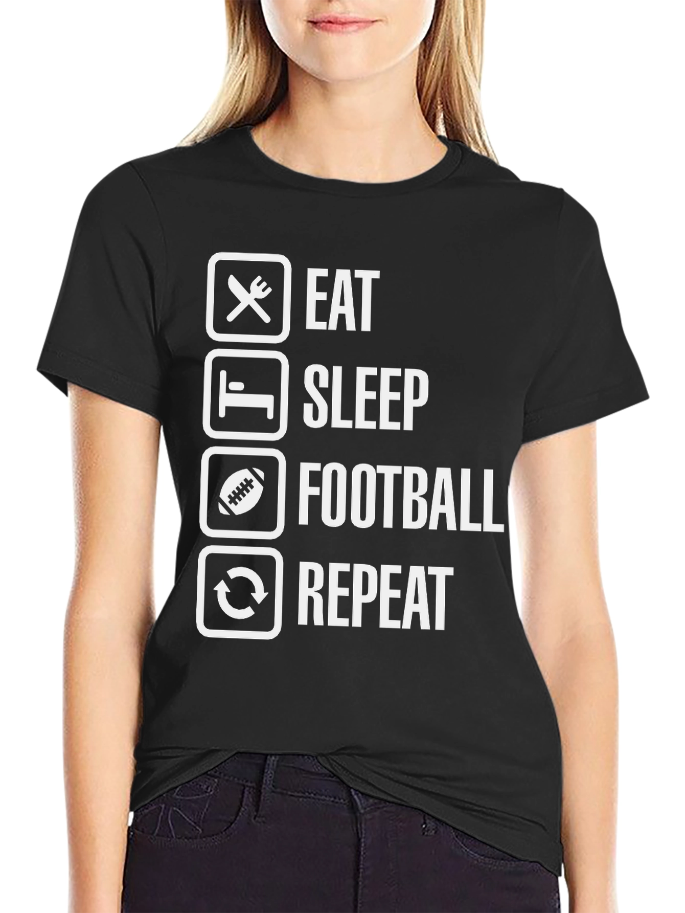 Black Eat Sleep Football Repeat Black T-Shirt view 2