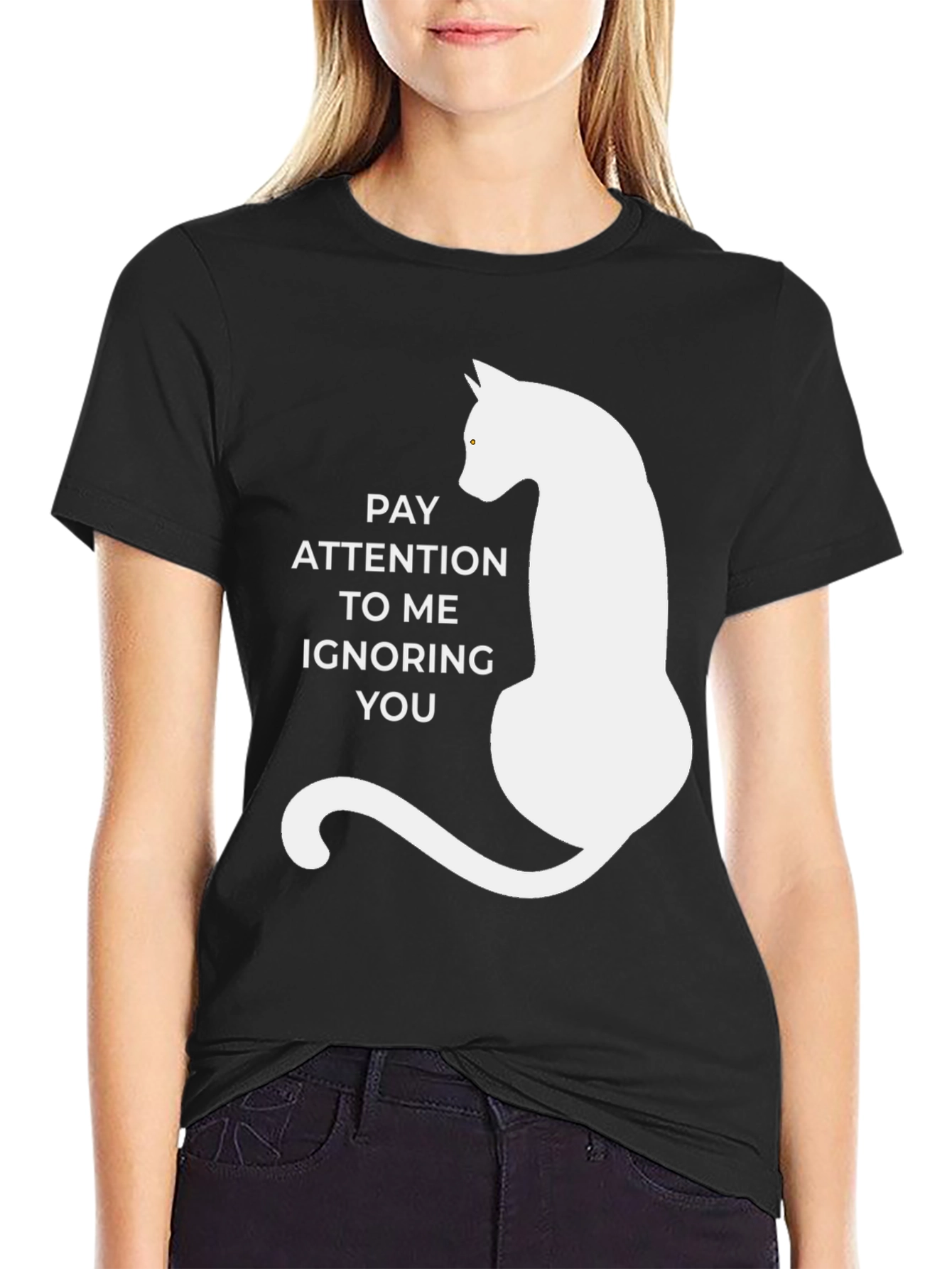 Black Pay Attention Cat T-Shirt - Humorous Tee view 2