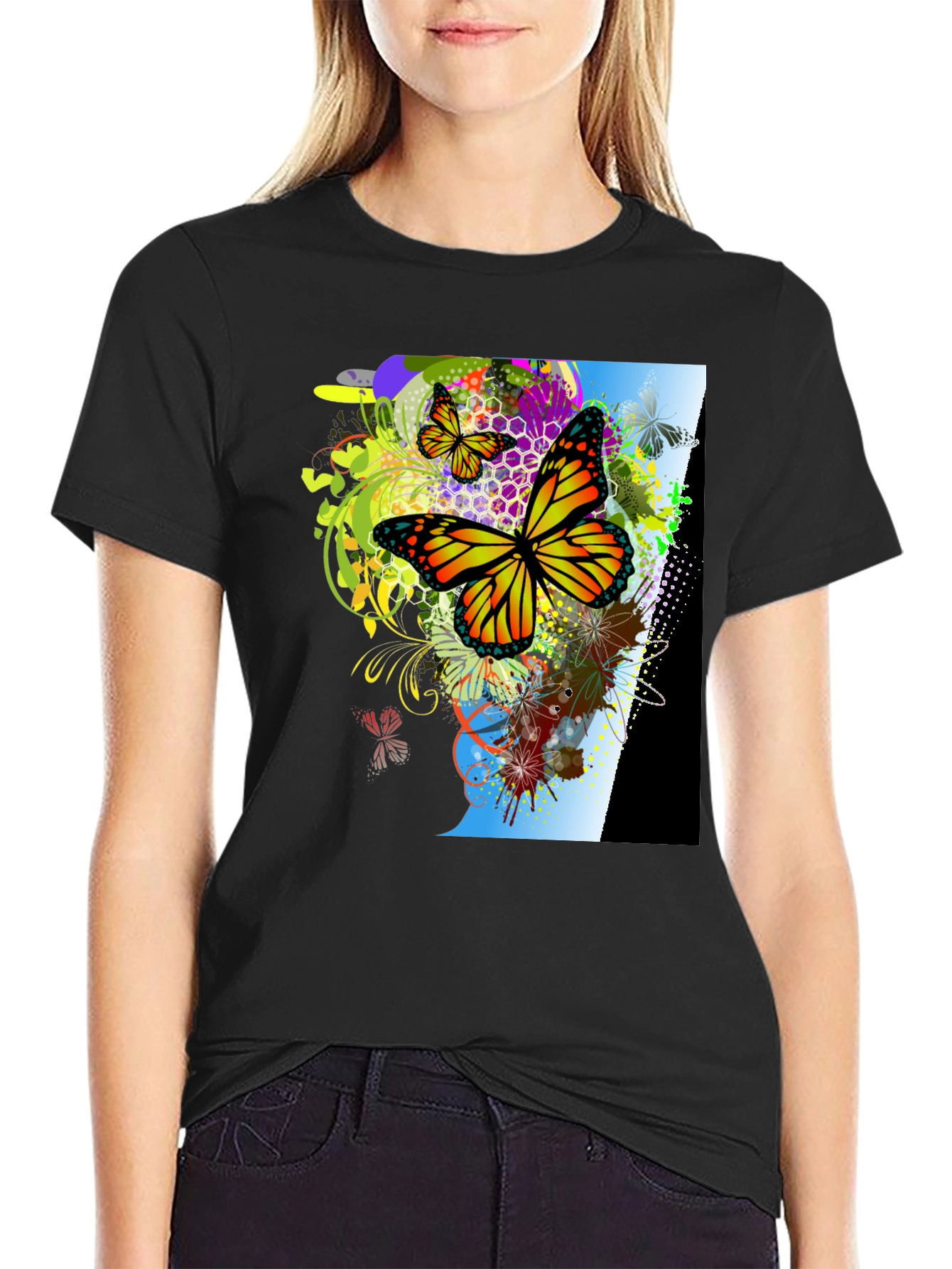 Black Butterfly Graphic Print Men's Black T-Shirt view 2