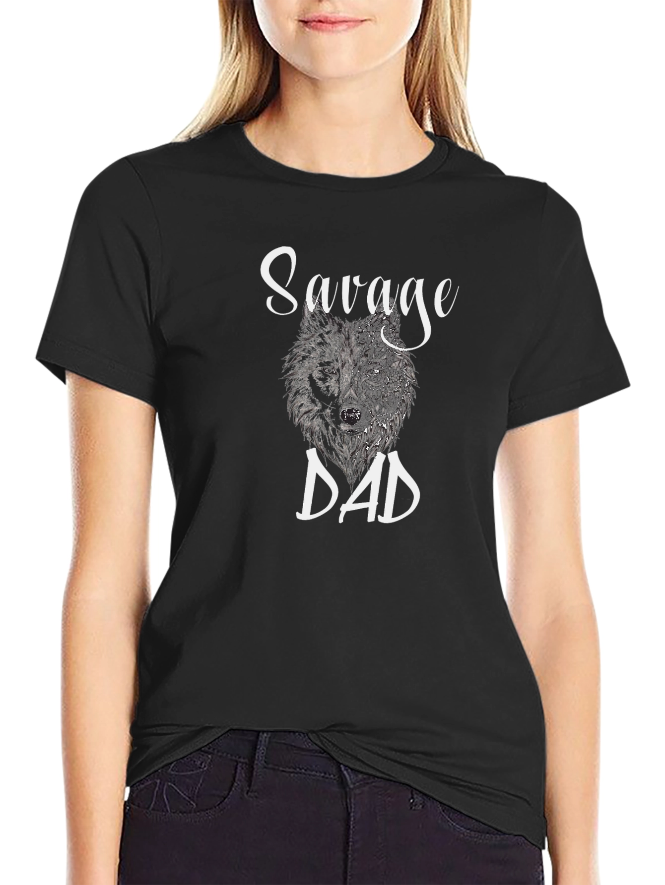 Black Savage Dad Wolf Graphic T-Shirt view 2