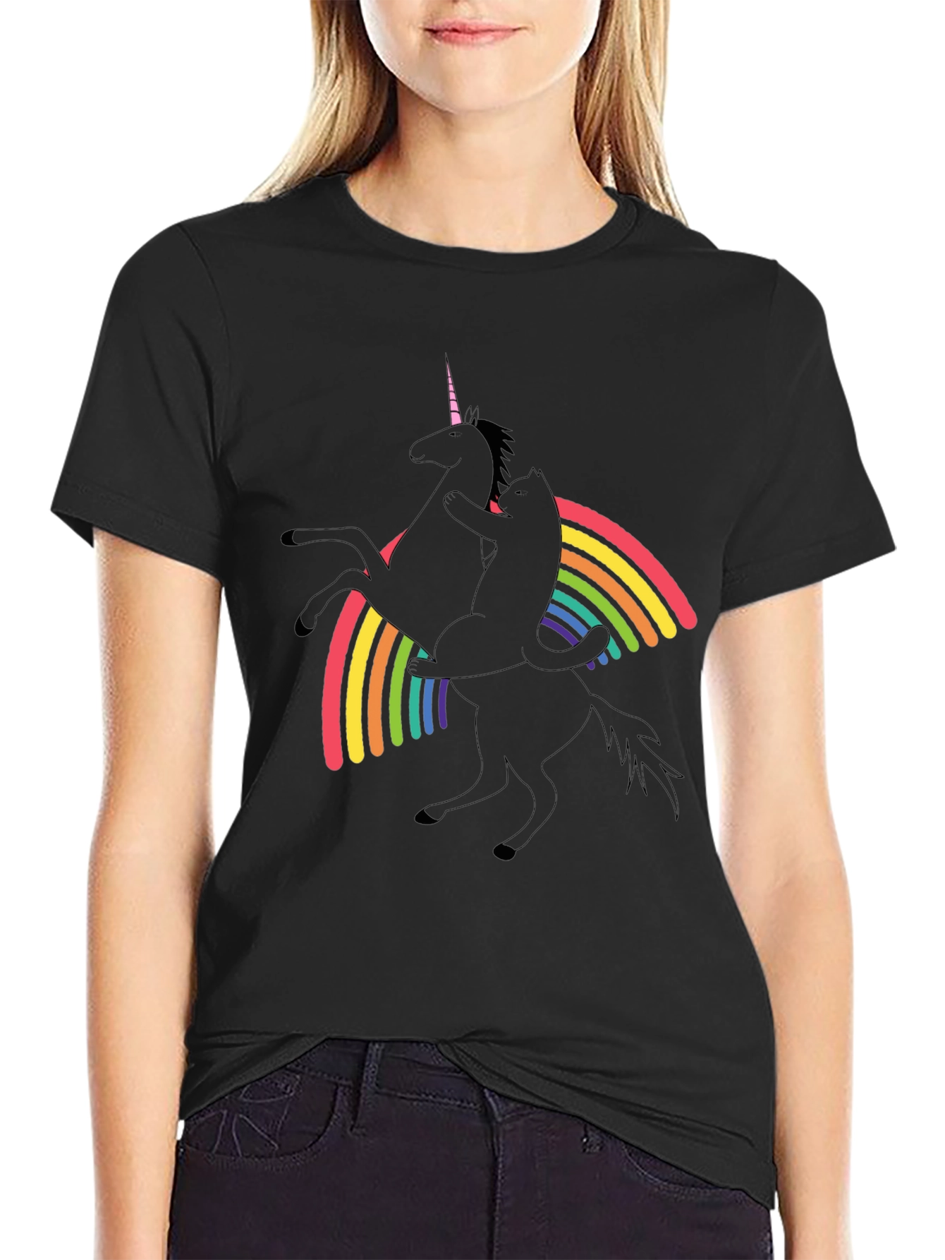 Black Unicorn & Cat Rainbow Graphic Black T-Shirt view 2