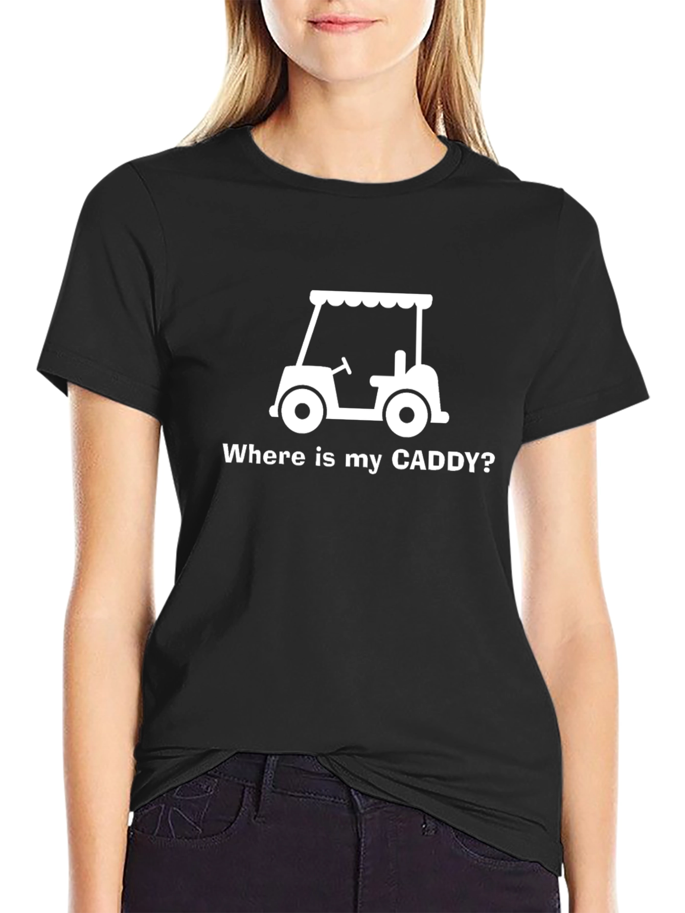 Black Where's My Caddy? Funny Golf Cart T-Shirt view 2