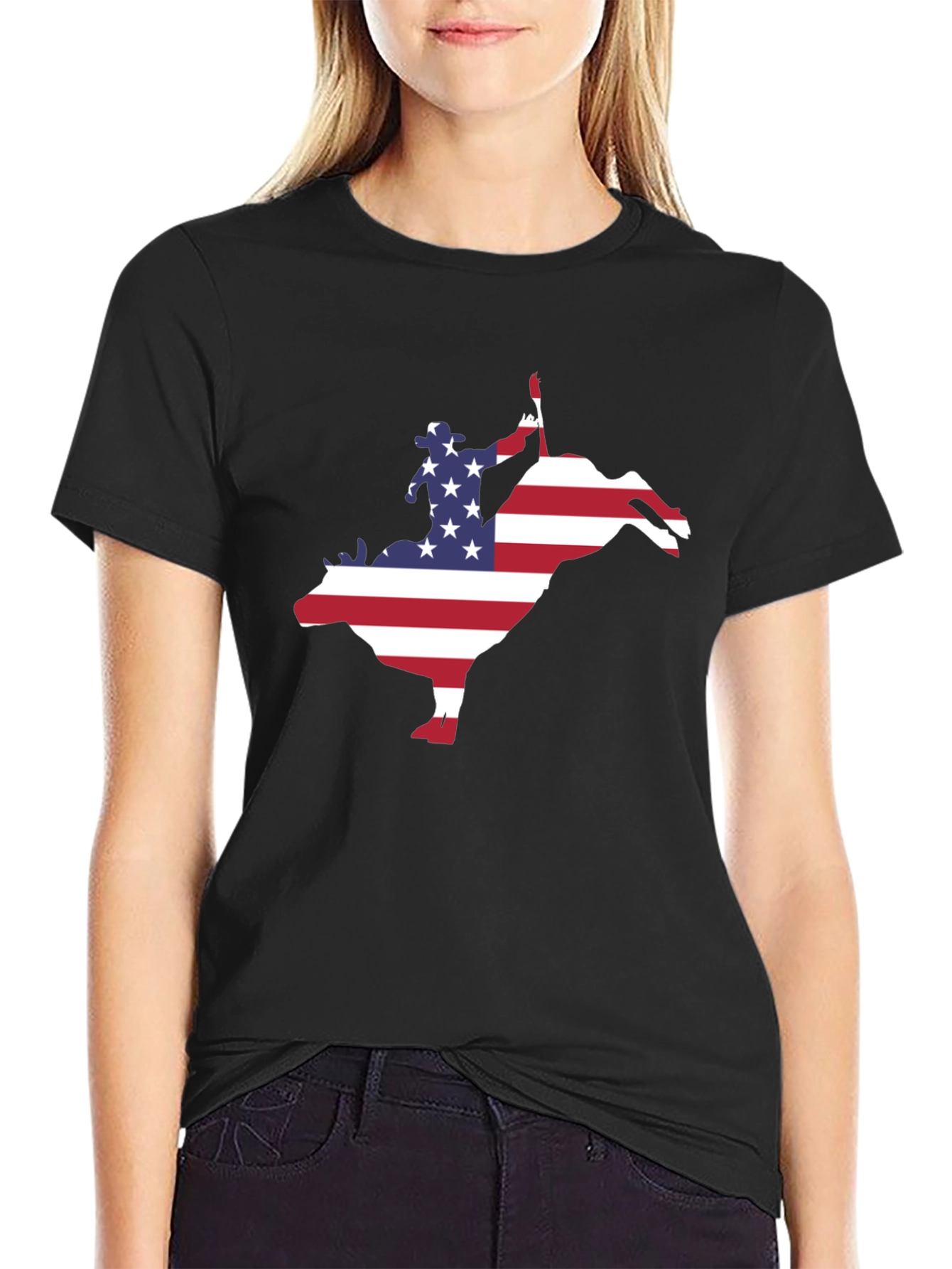 Black American Flag Bull Rider Graphic T-Shirt view 2