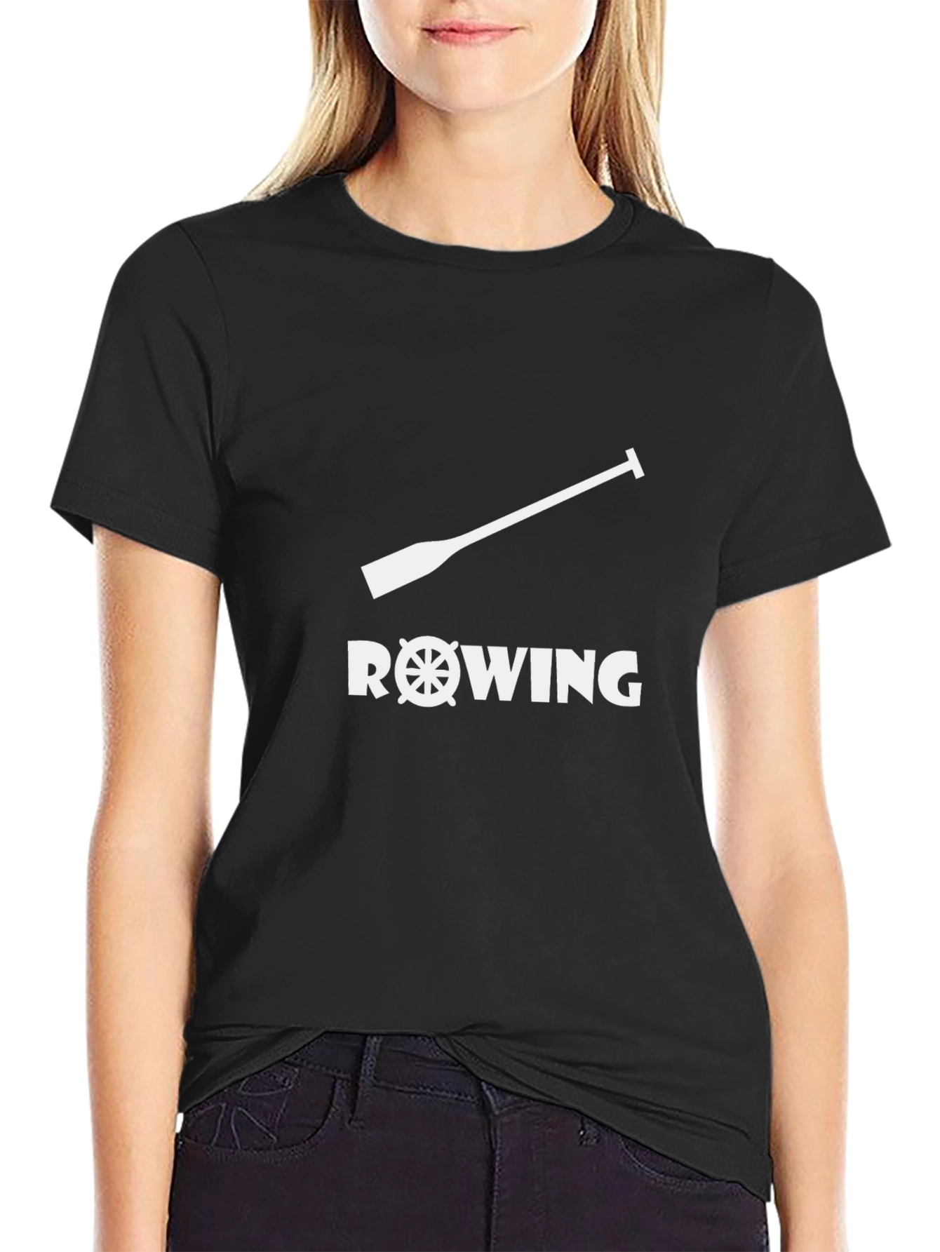 Black Rowing T-Shirt - Oar & Wheel Design - Black Cotton Tee view 2