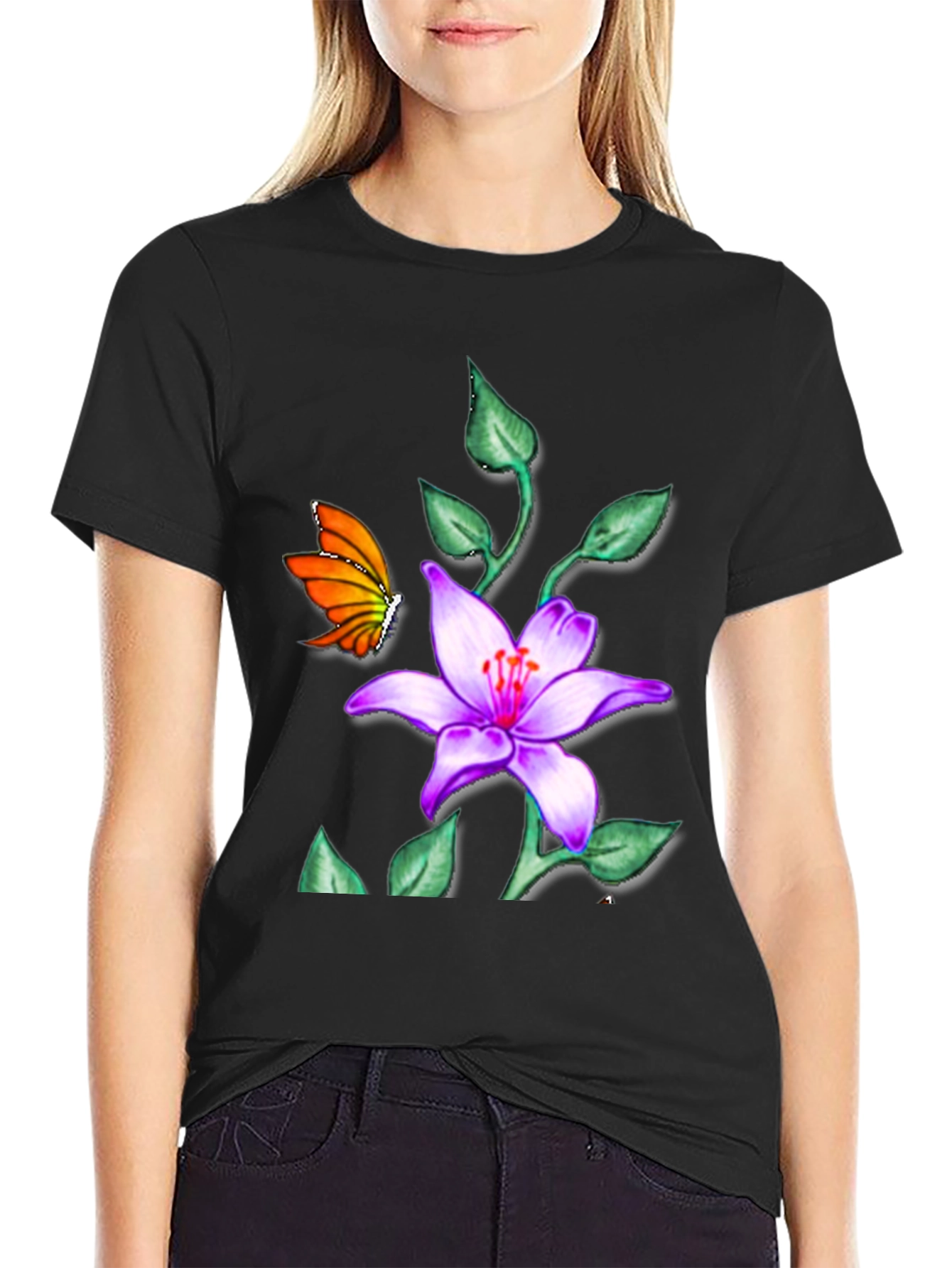 Black Butterfly & Floral T-Shirt view 2
