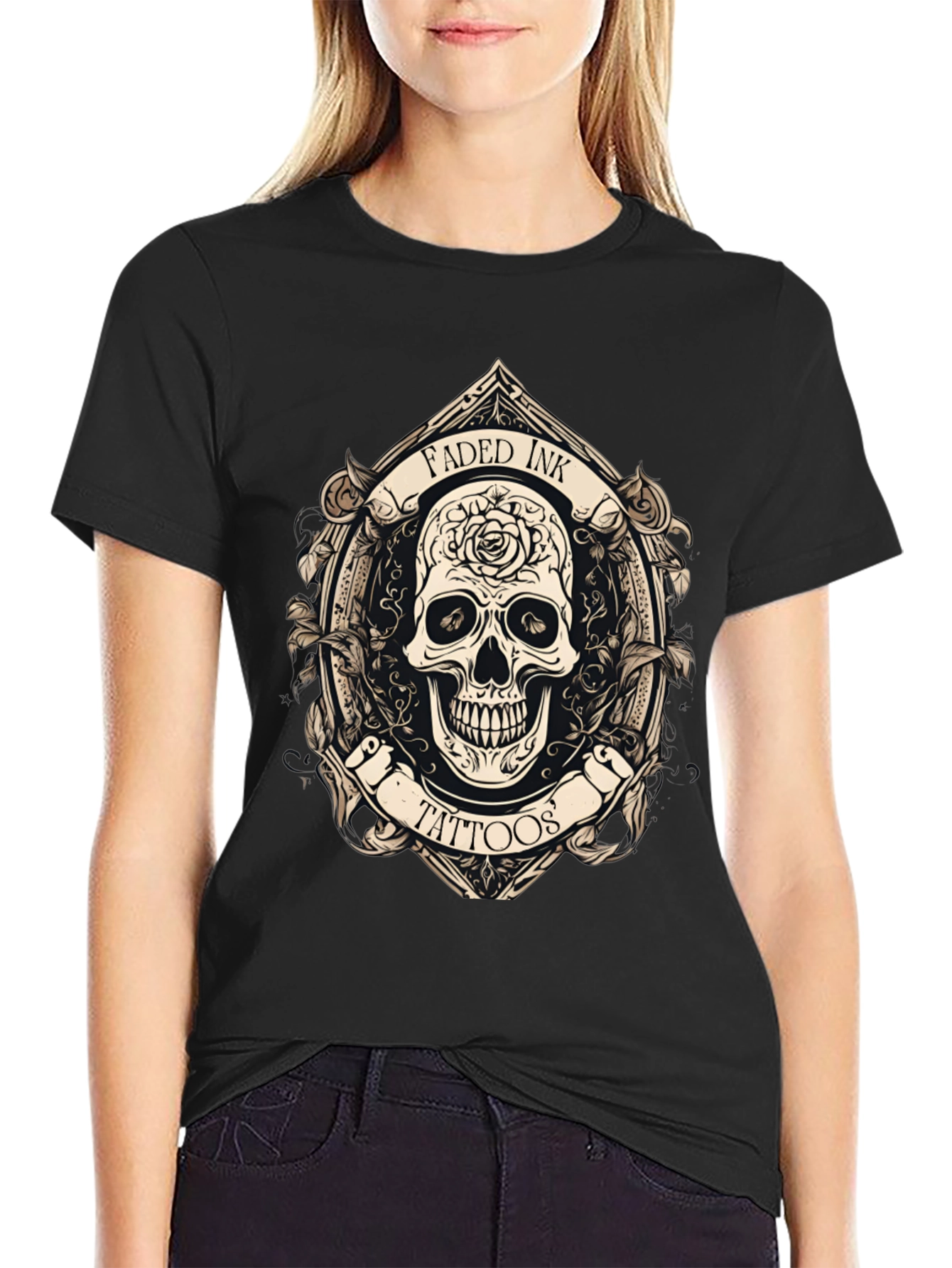 Black Faded Ink Tattoos Skull Graphic Black T-Shirt view 2