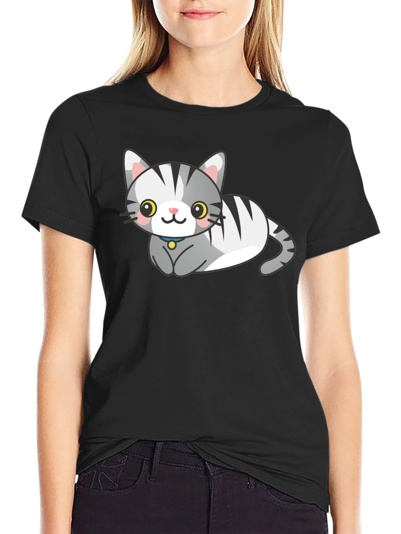 Black Cute Cartoon Cat Graphic Tee view 2
