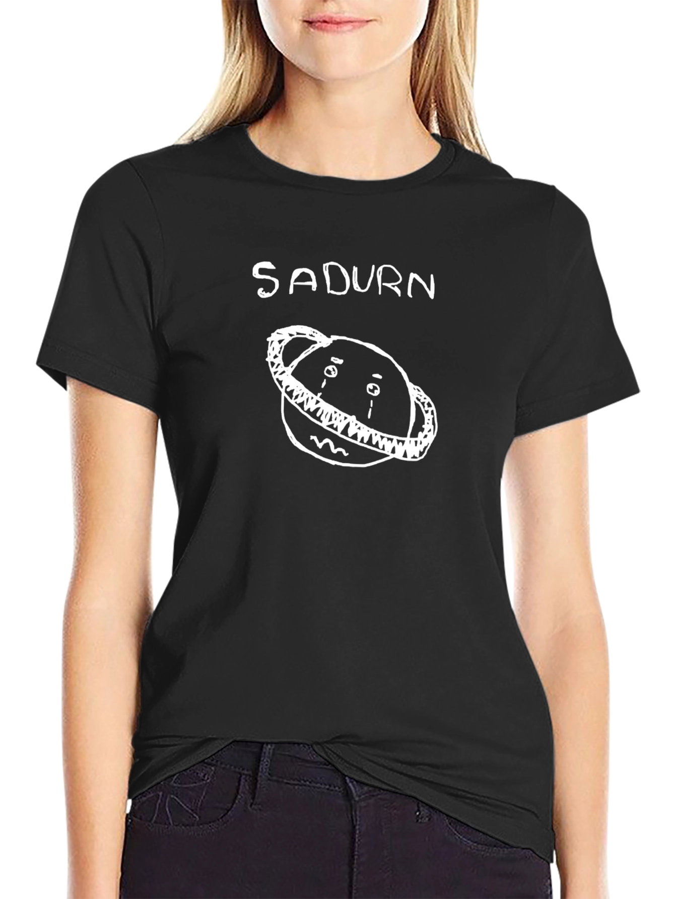 Black Sadurn Saturn T-Shirt - White Graphic on Black view 2