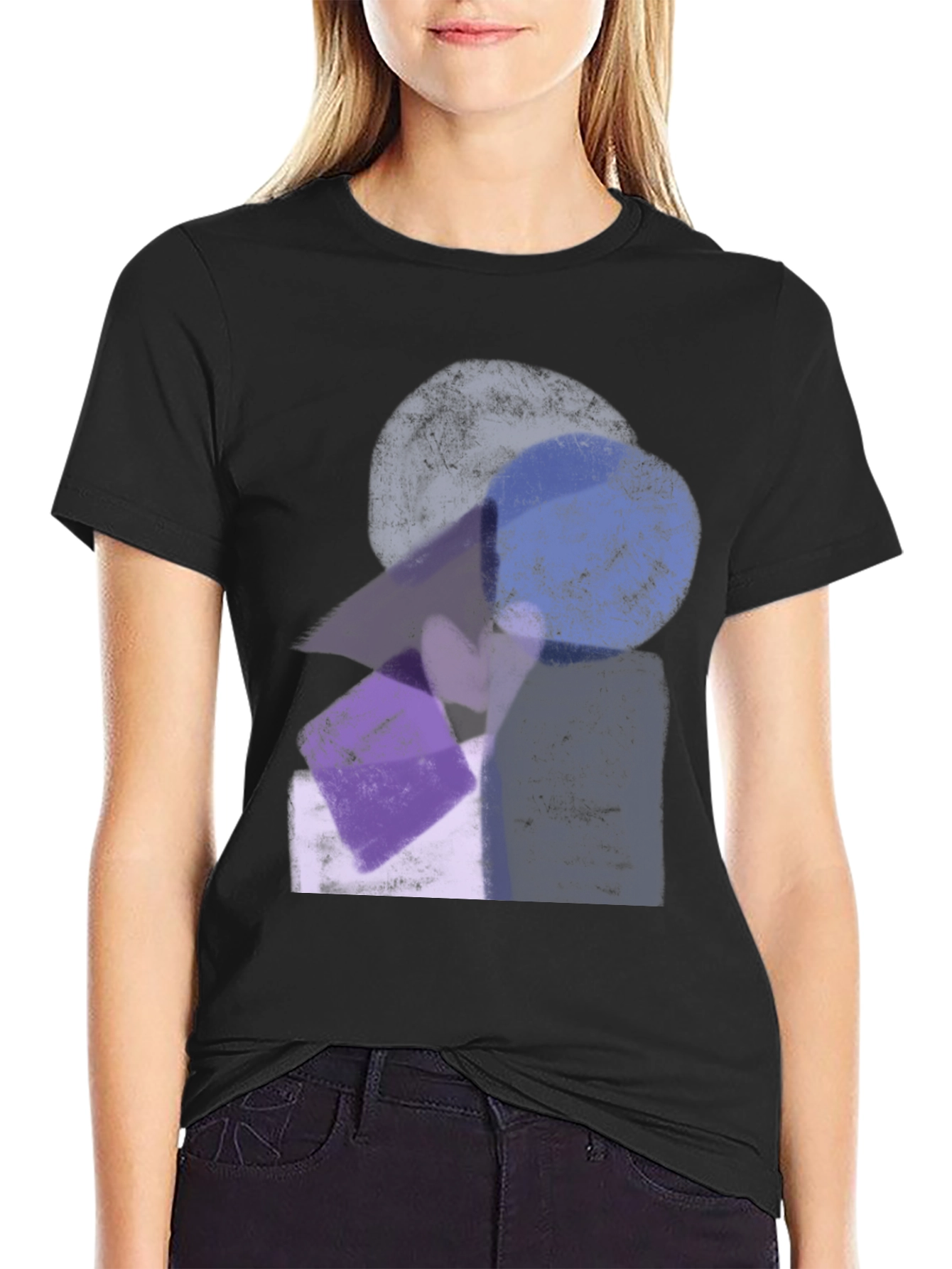 Black Abstract Geometric Print Black Crew Neck T-Shirt view 2