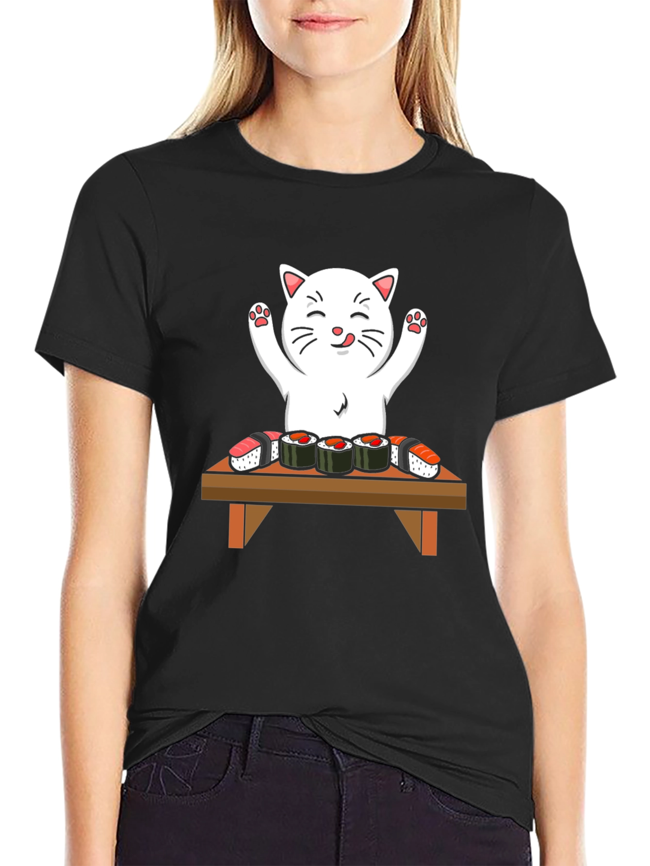 Black Cat Sushi T-Shirt - Cute Kawaii Design view 2