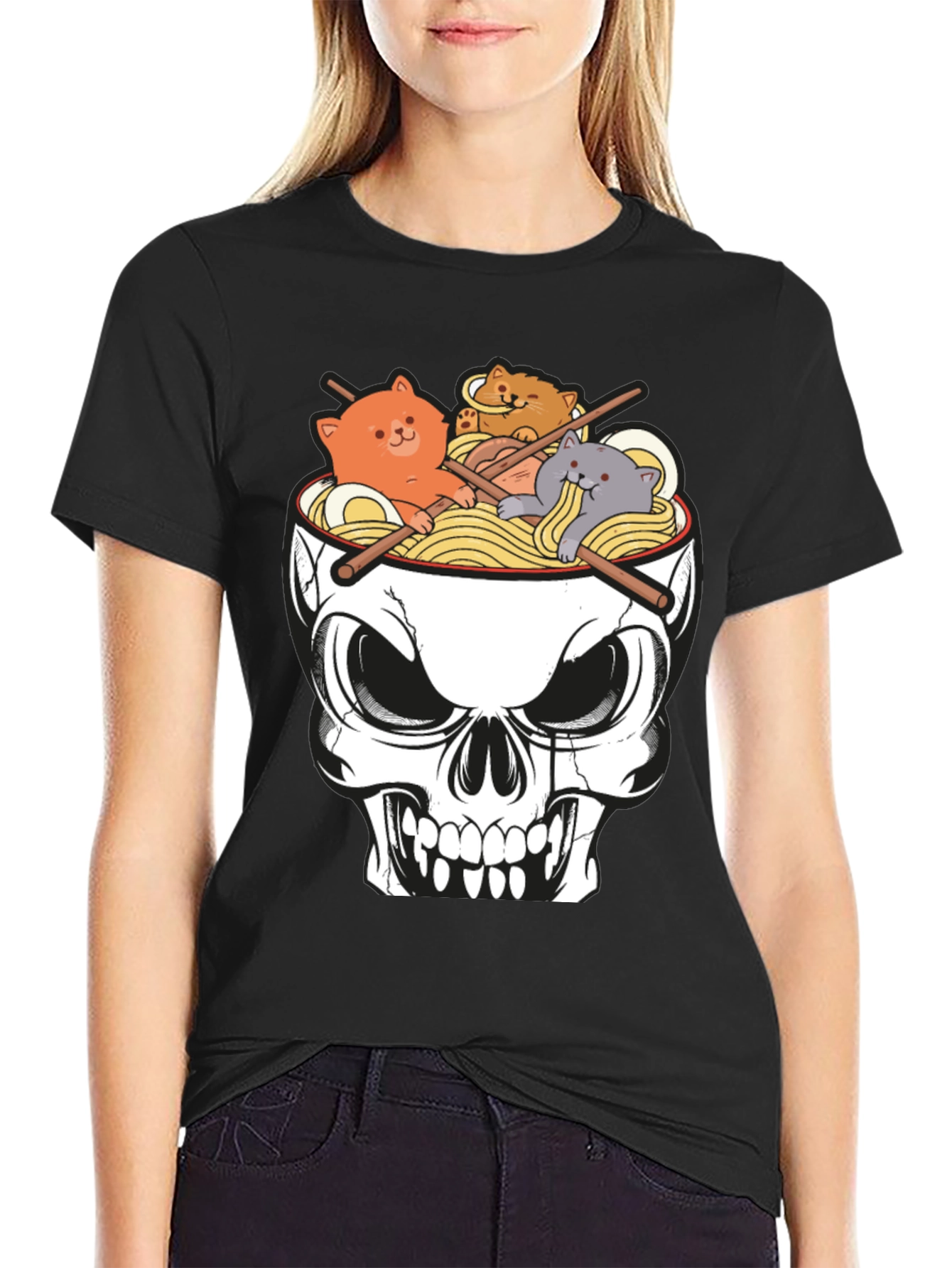 Black Skull Ramen Cat T-Shirt view 2