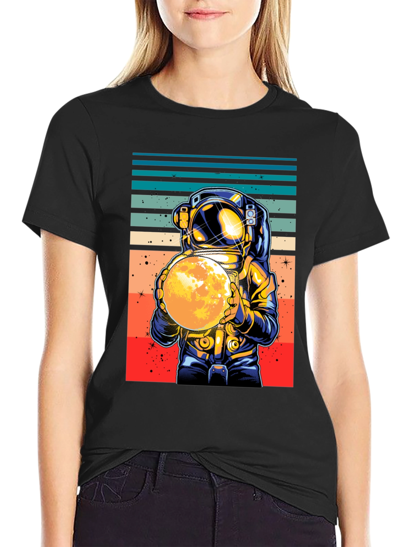 Black Retro Astronaut Moon T-Shirt view 2