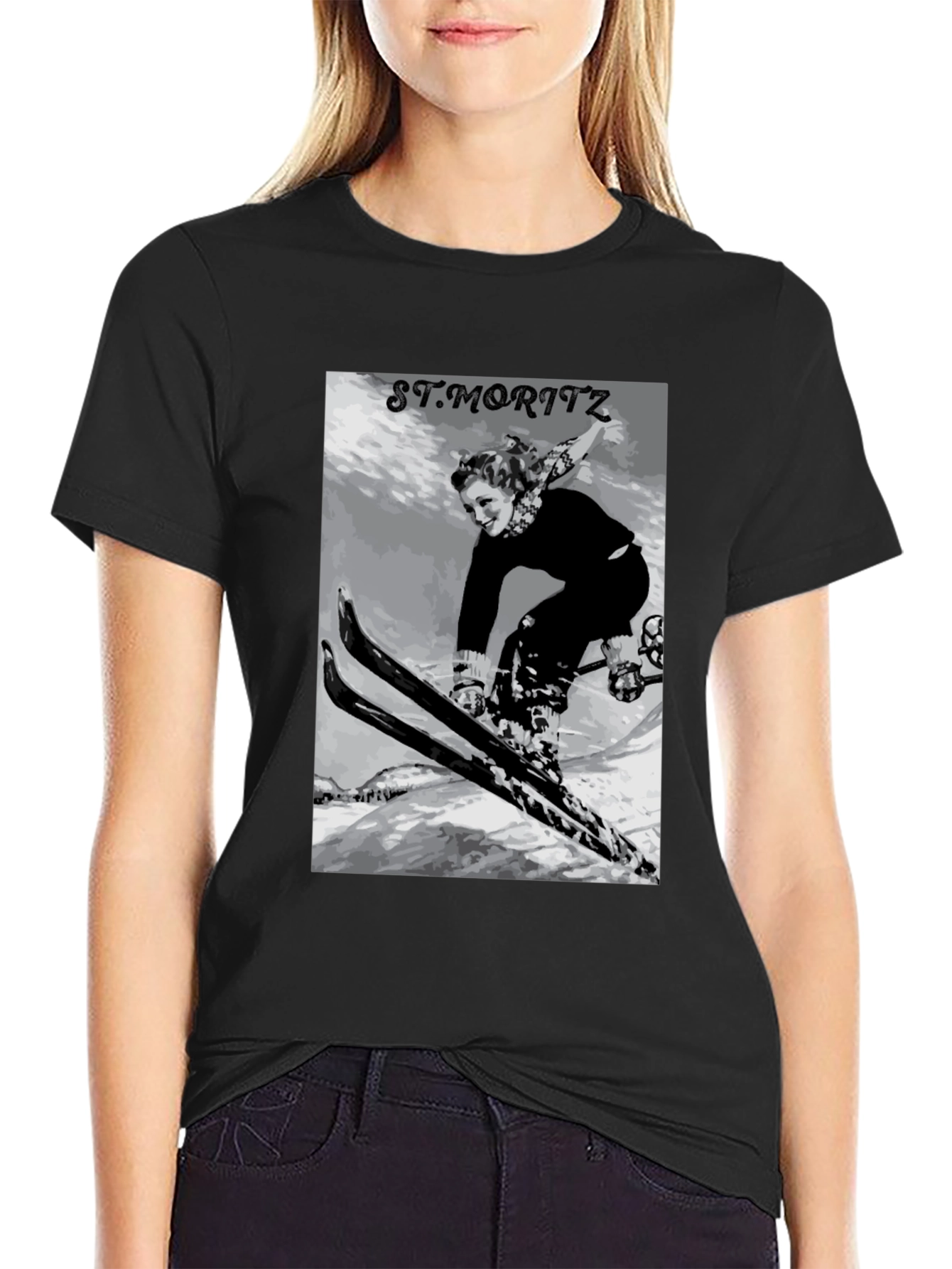 Black Vintage St. Moritz Skiing Graphic Tee view 2