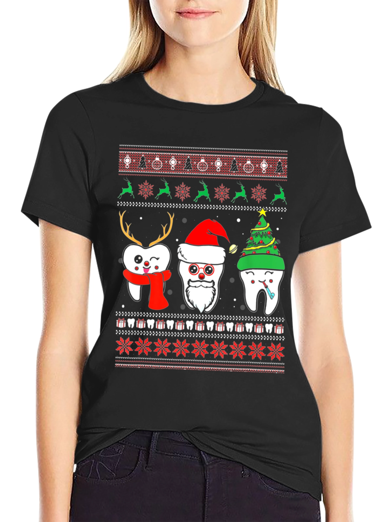 Black Festive Tooth Christmas Ugly Sweater T-Shirt view 2