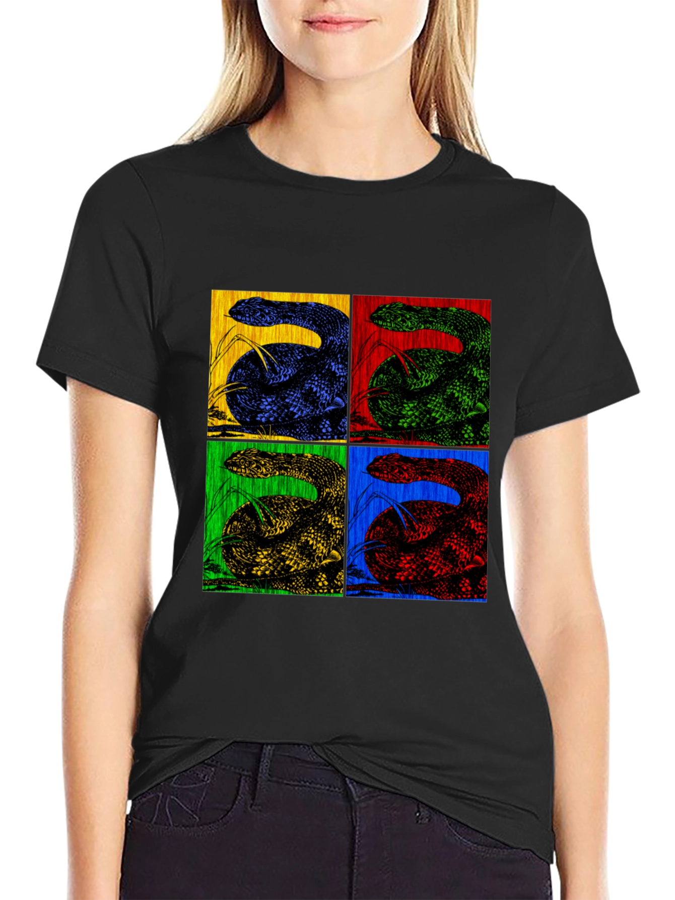 Black Retro Snake Pop Art Black T-Shirt view 2