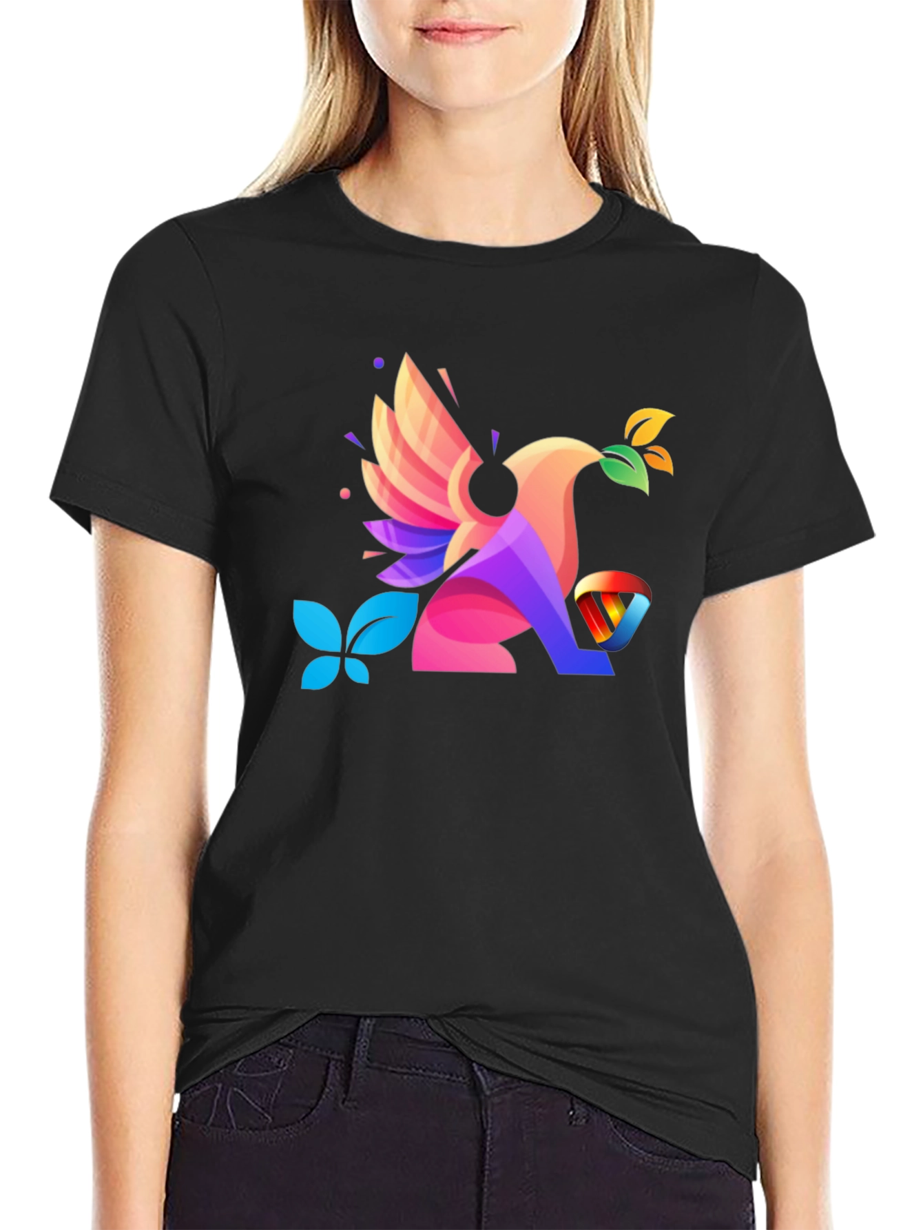 Black Colorful Geometric Bird Graphic T-Shirt view 2