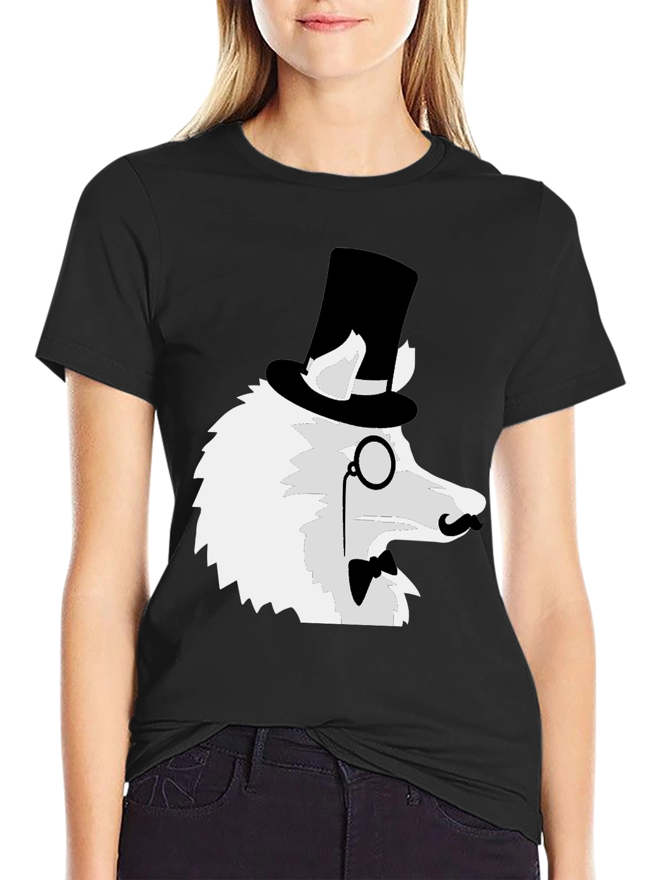 Black Dapper Dog T-Shirt: Top Hat Monocle Bow Tie view 2