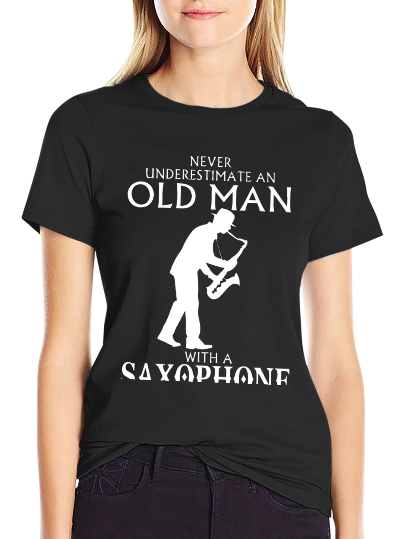 Black Never Underestimate Old Man with Saxophone T-Shirt view 2