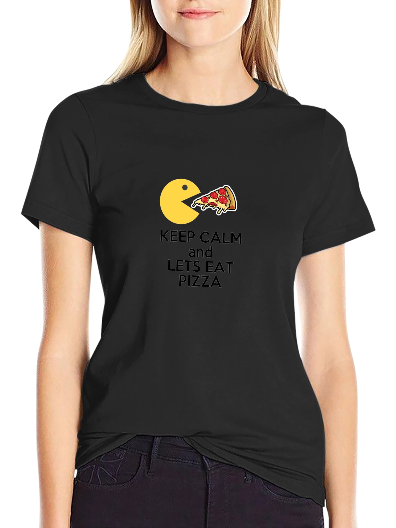 Keep Calm & Eat Pizza Black Graphic Tee - 2