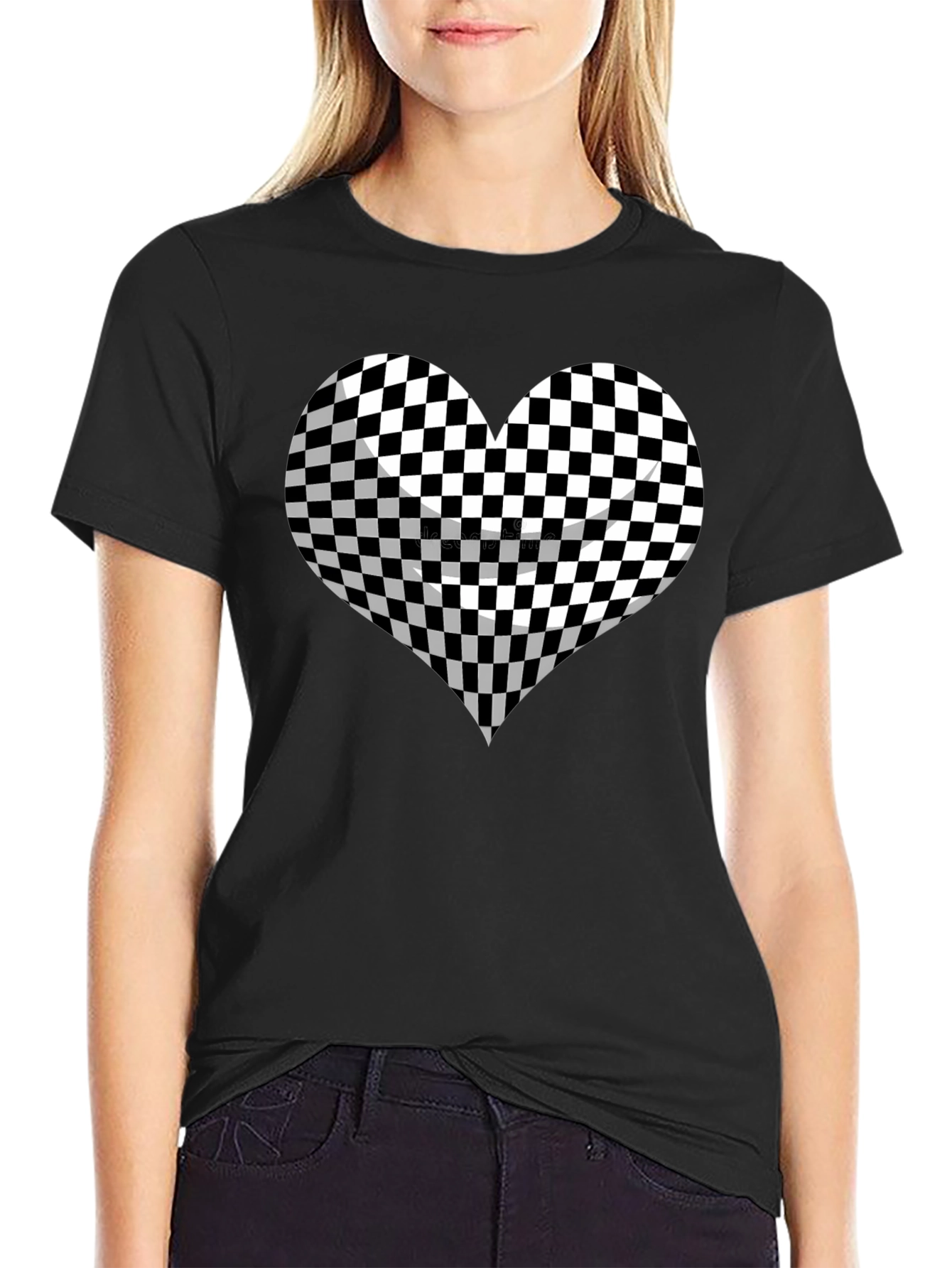 Black Checkered Heart Graphic Tee - Stylish Black T-Shirt view 2