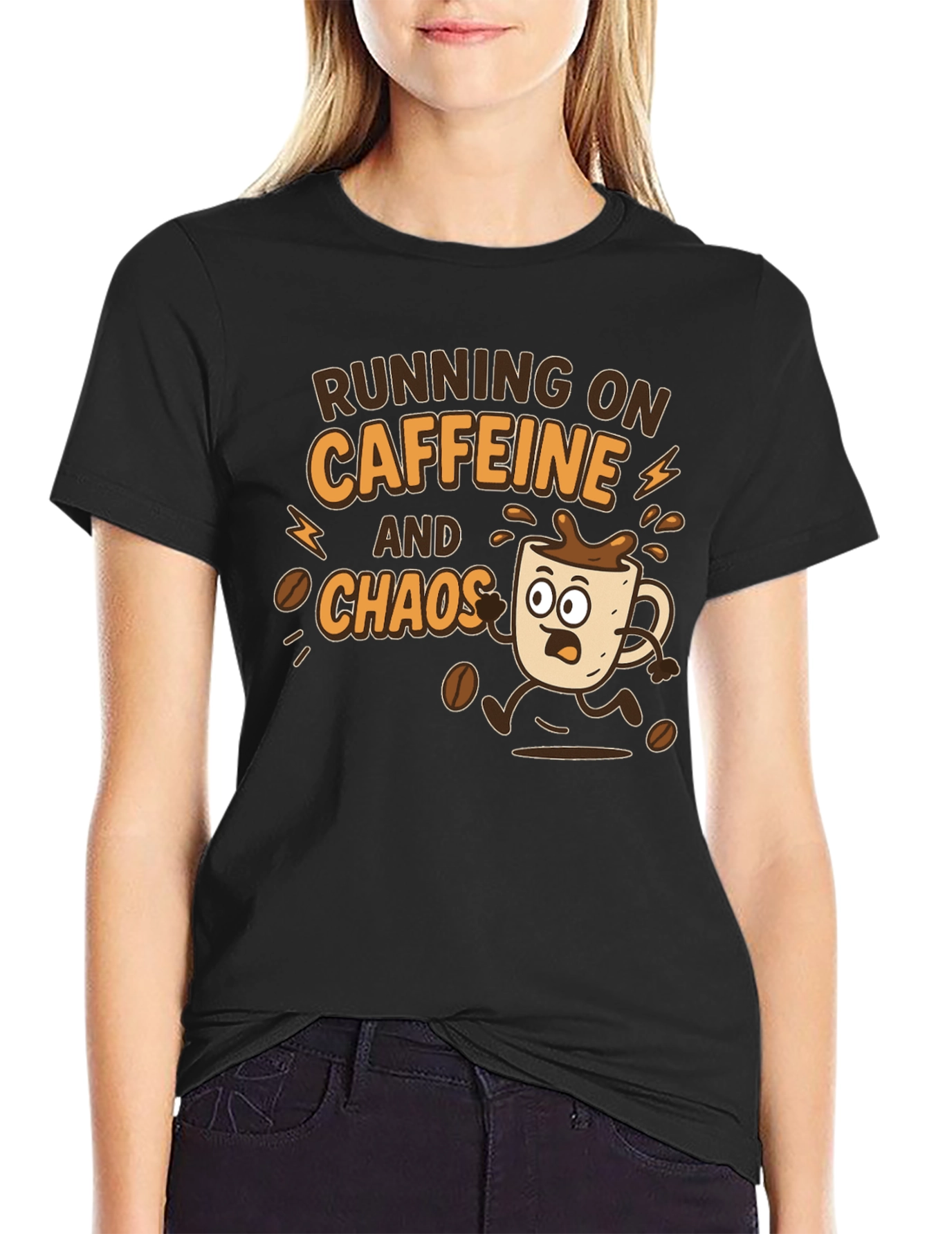 Black Running on Caffeine and Chaos Graphic Tee view 2
