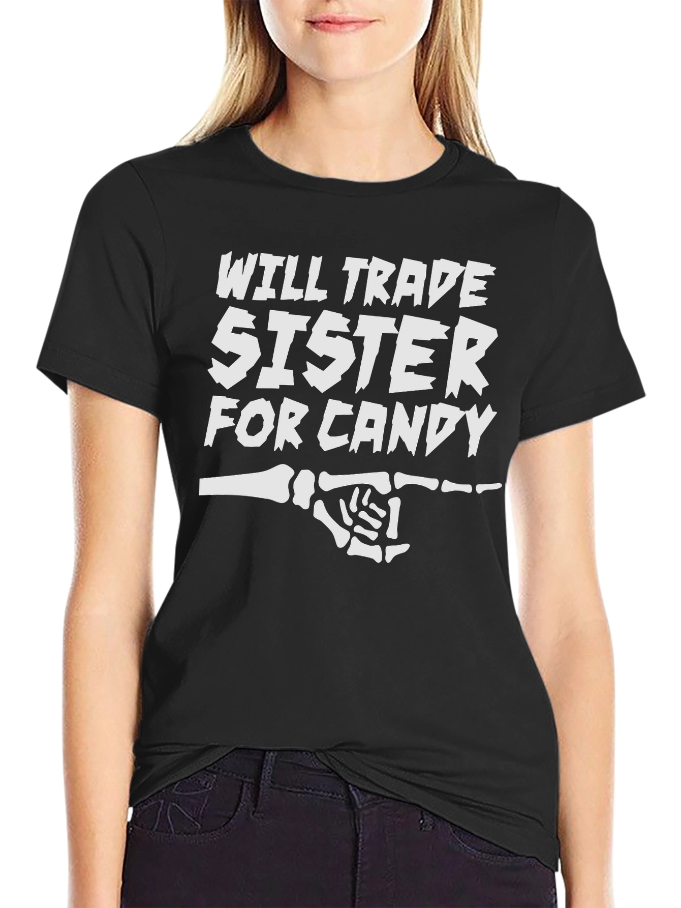 Black Funny "Will Trade Sister for Candy" Black T-Shirt view 2