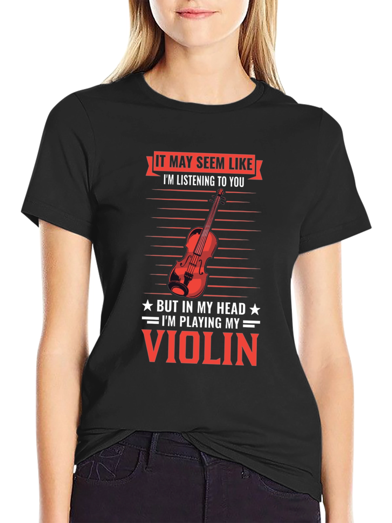Black Funny Violinist T-Shirt - I'm Playing My Violin in My Head Tee view 2