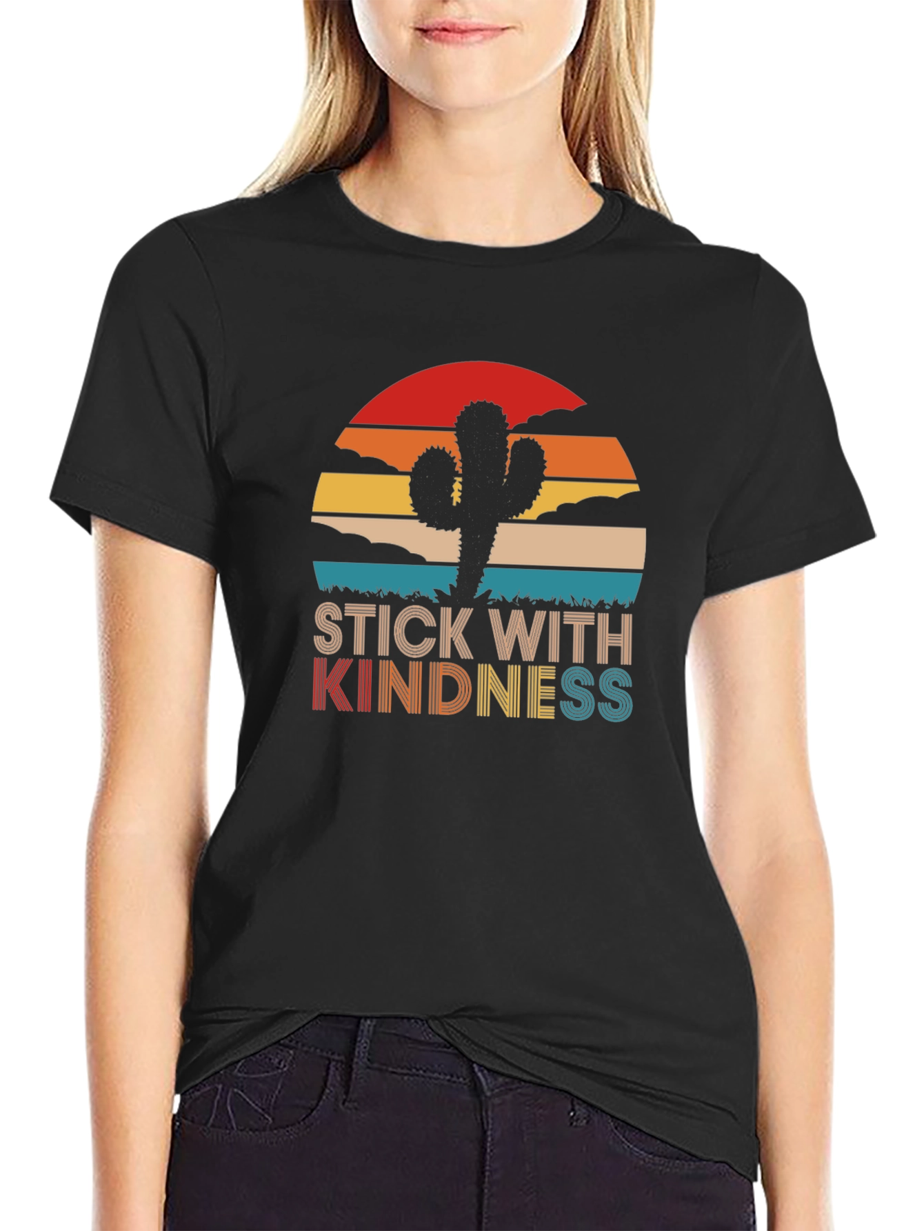 Black Stick With Kindness Cactus Graphic T-Shirt view 2
