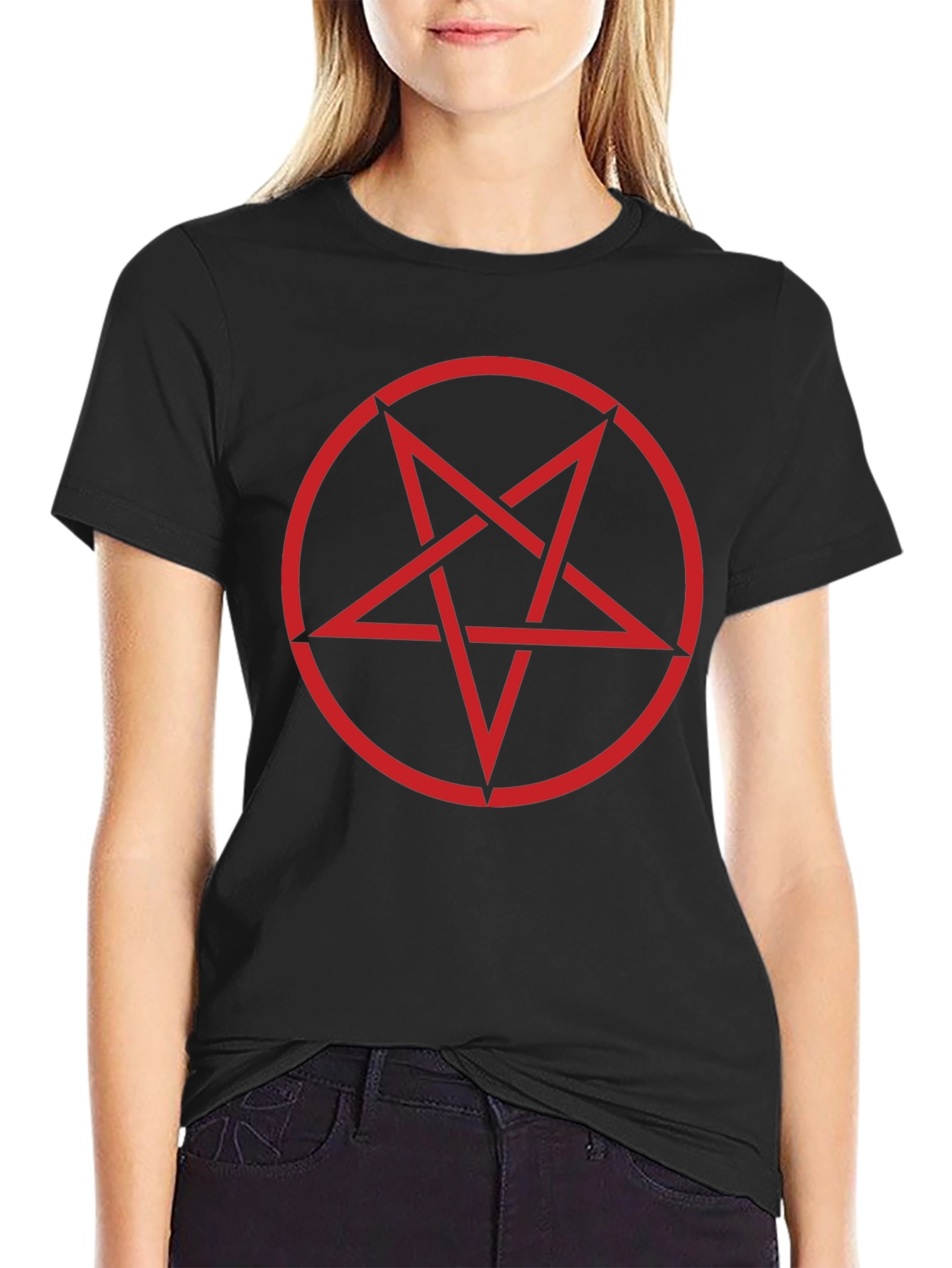Black Red Pentagram Graphic Tee - Black Cotton Blend Shirt view 2