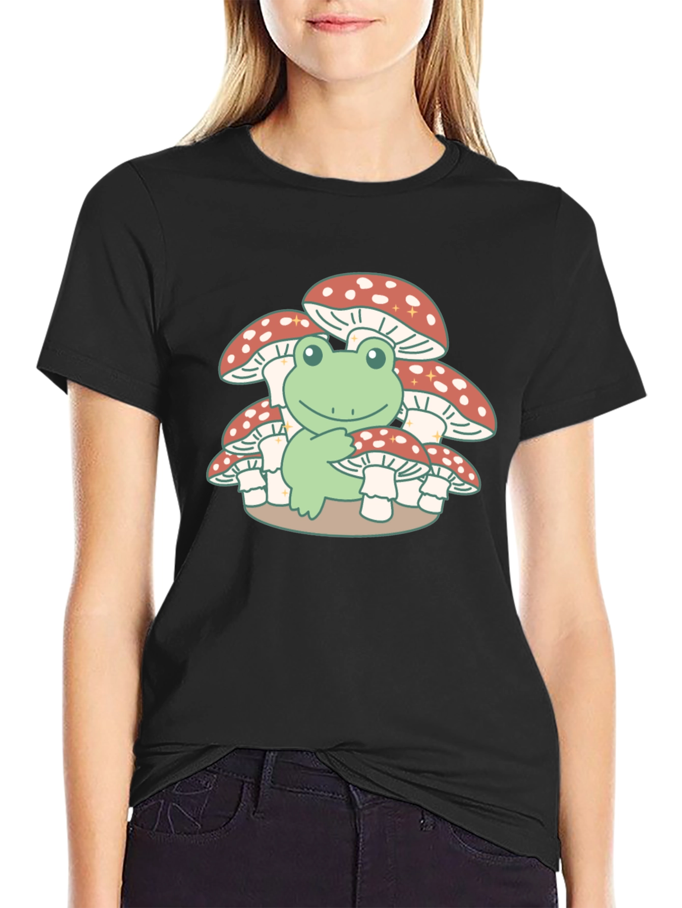 Black Frog on Mushrooms T-Shirt - Cute & Unique Design view 2